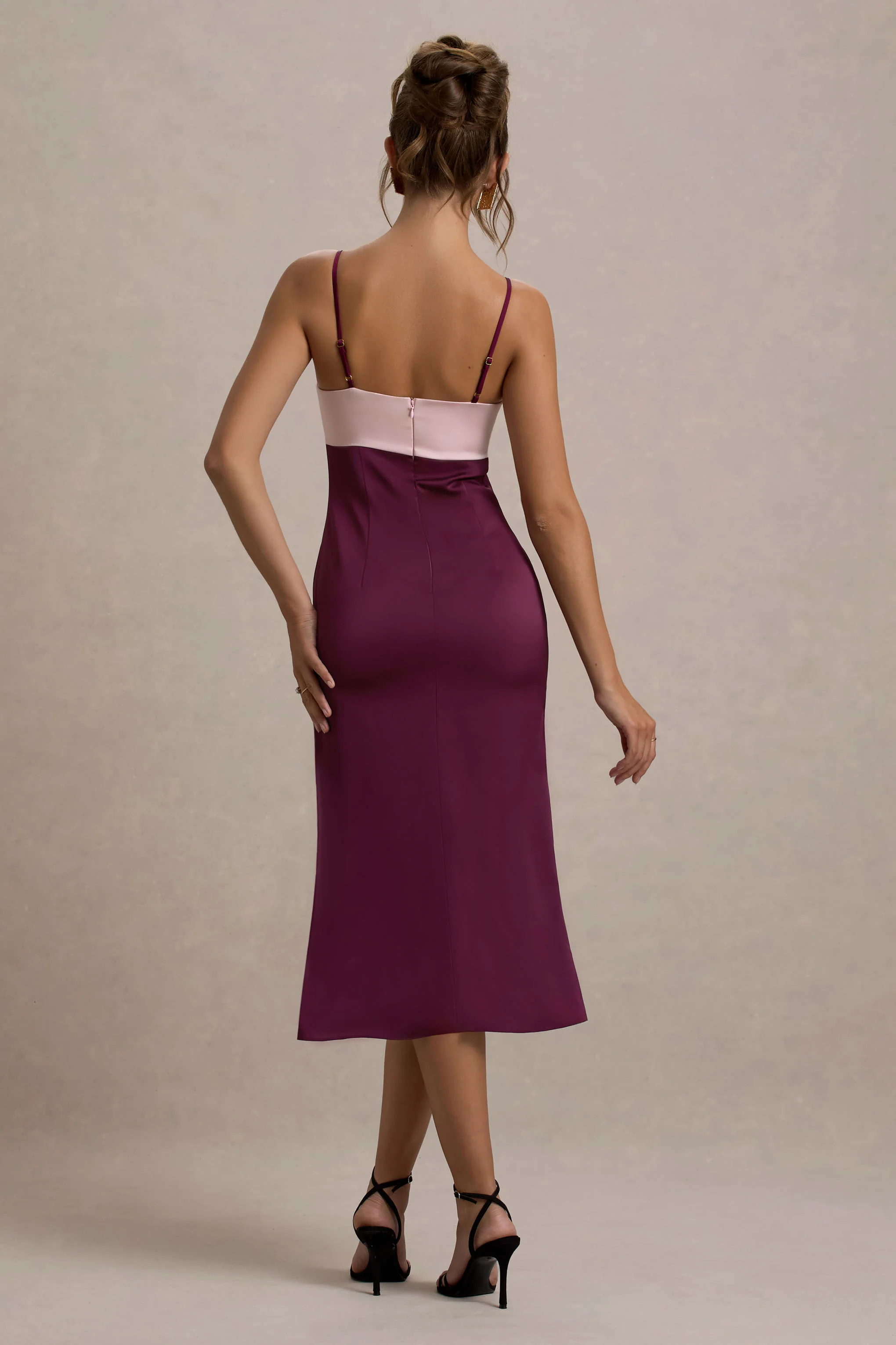 Andretti | Burgundy & Pink Satin Strappy Midi Dress