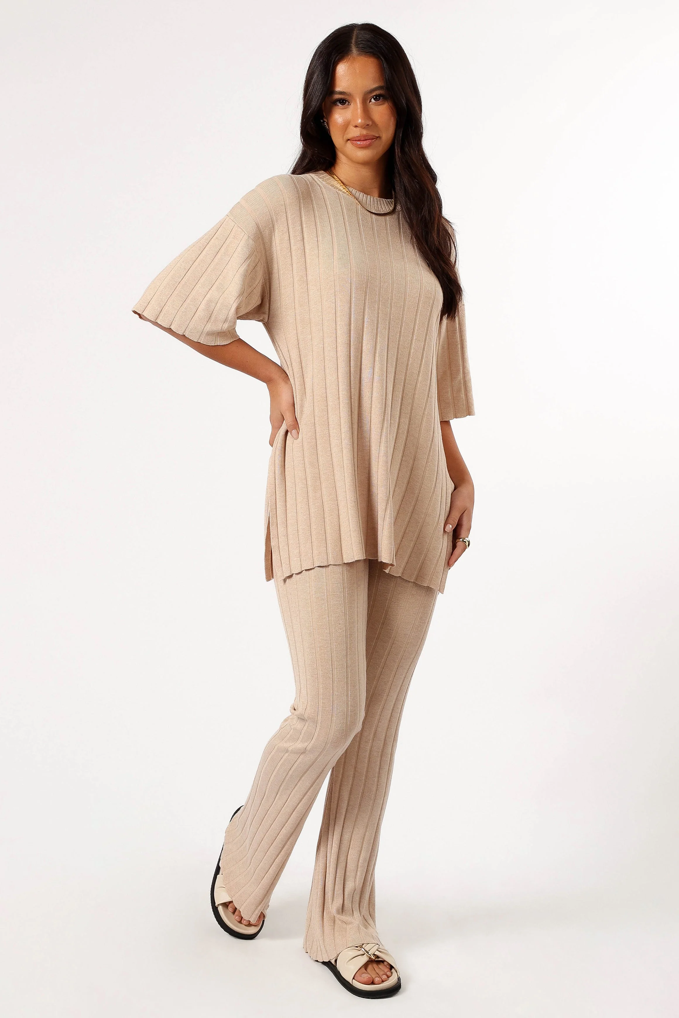 Silvie Short Sleeve Knitted Set - Beige