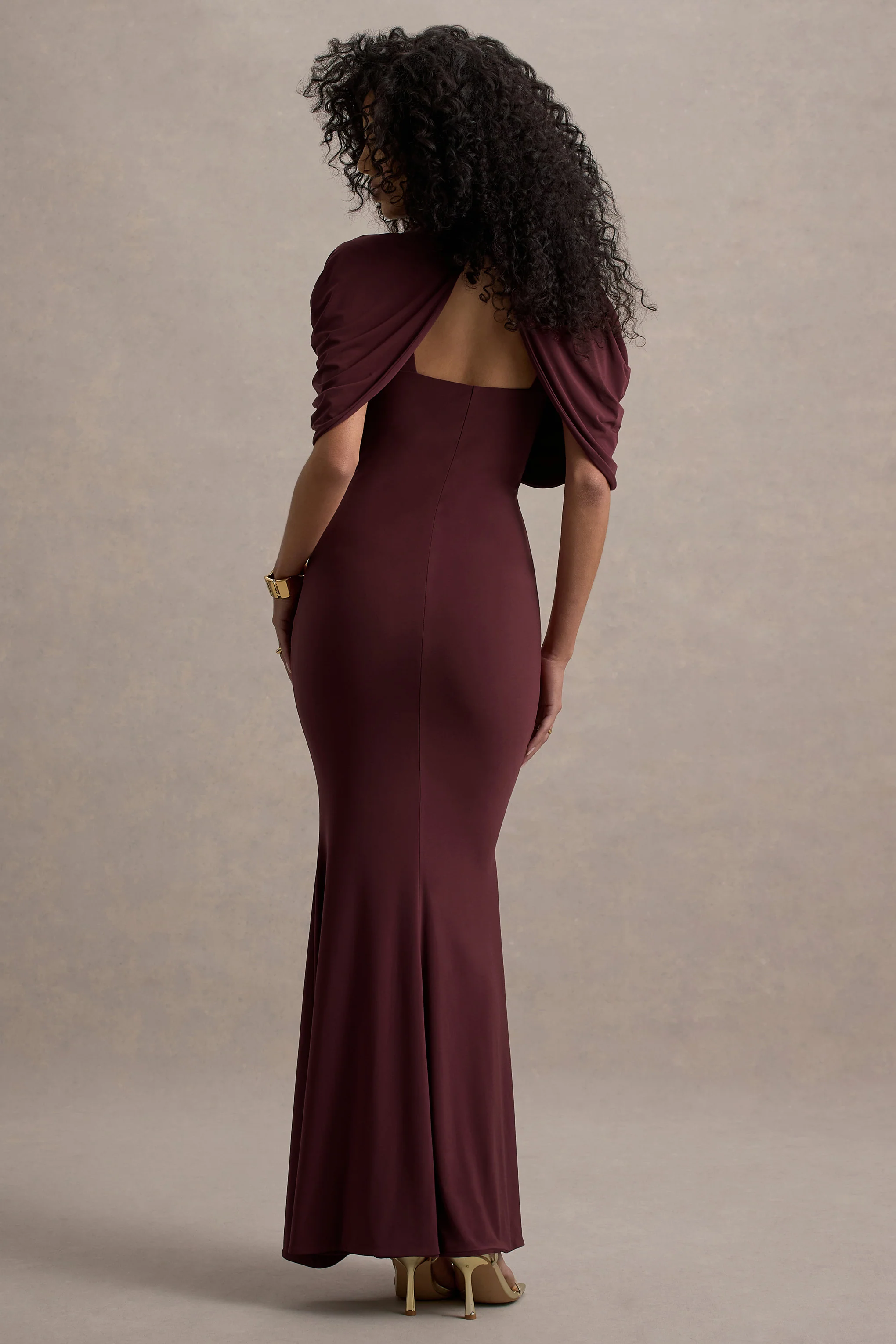 Cleora | Burgundy Twist Cape Maxi Dress