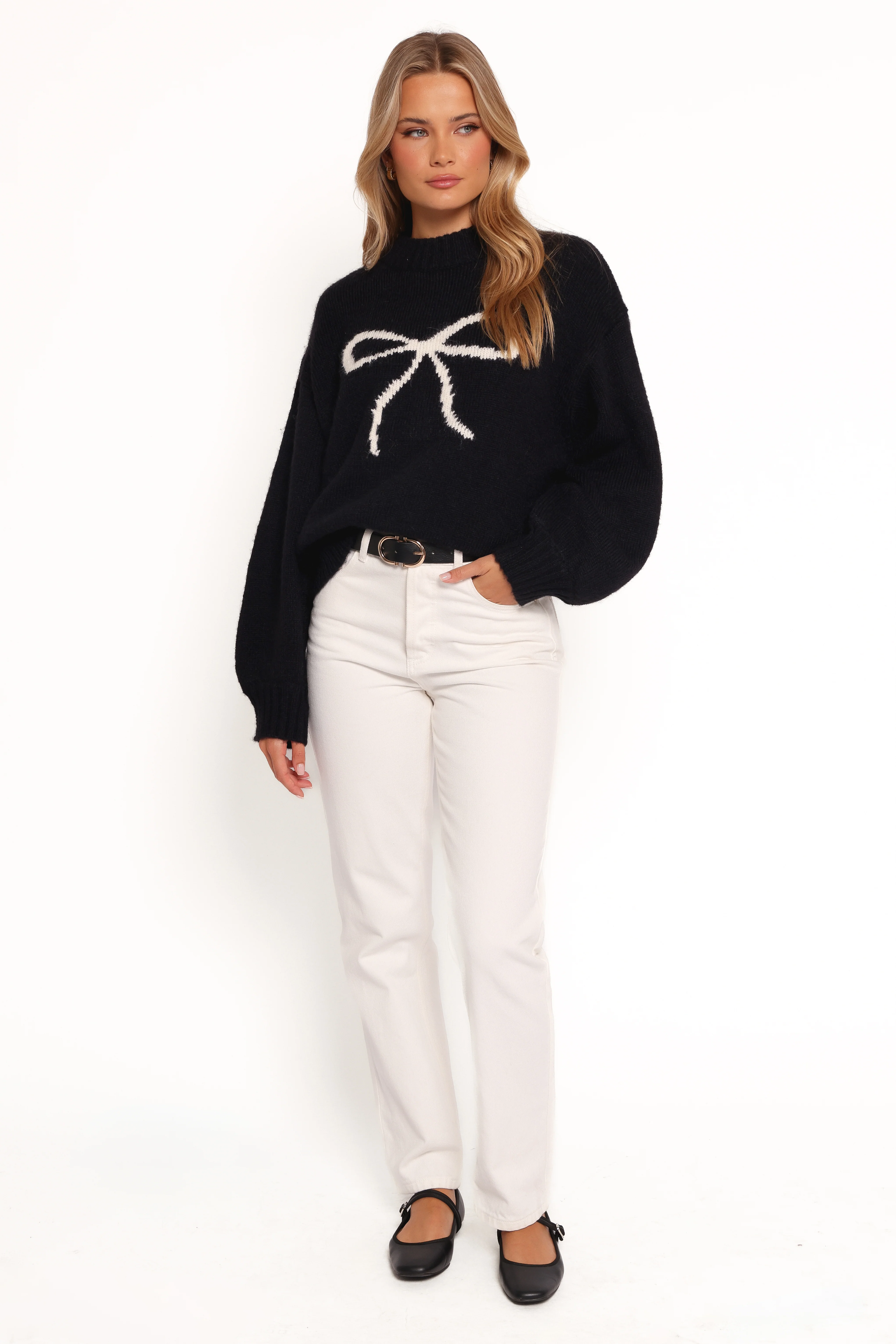 Cecelia Bow Print Mock Neck Knit Sweater - Black