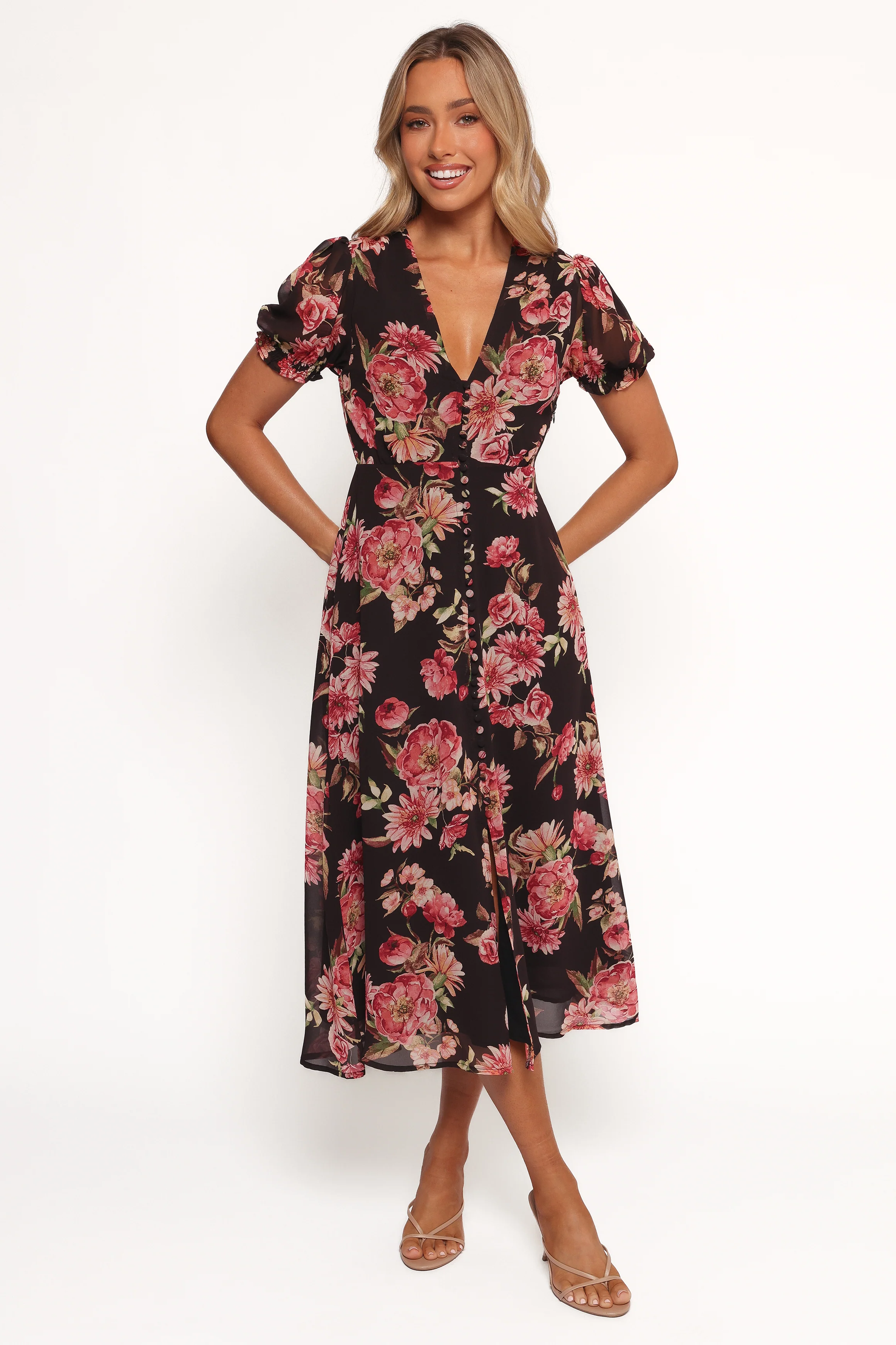 Logen Floral Midi Dress - Black Floral