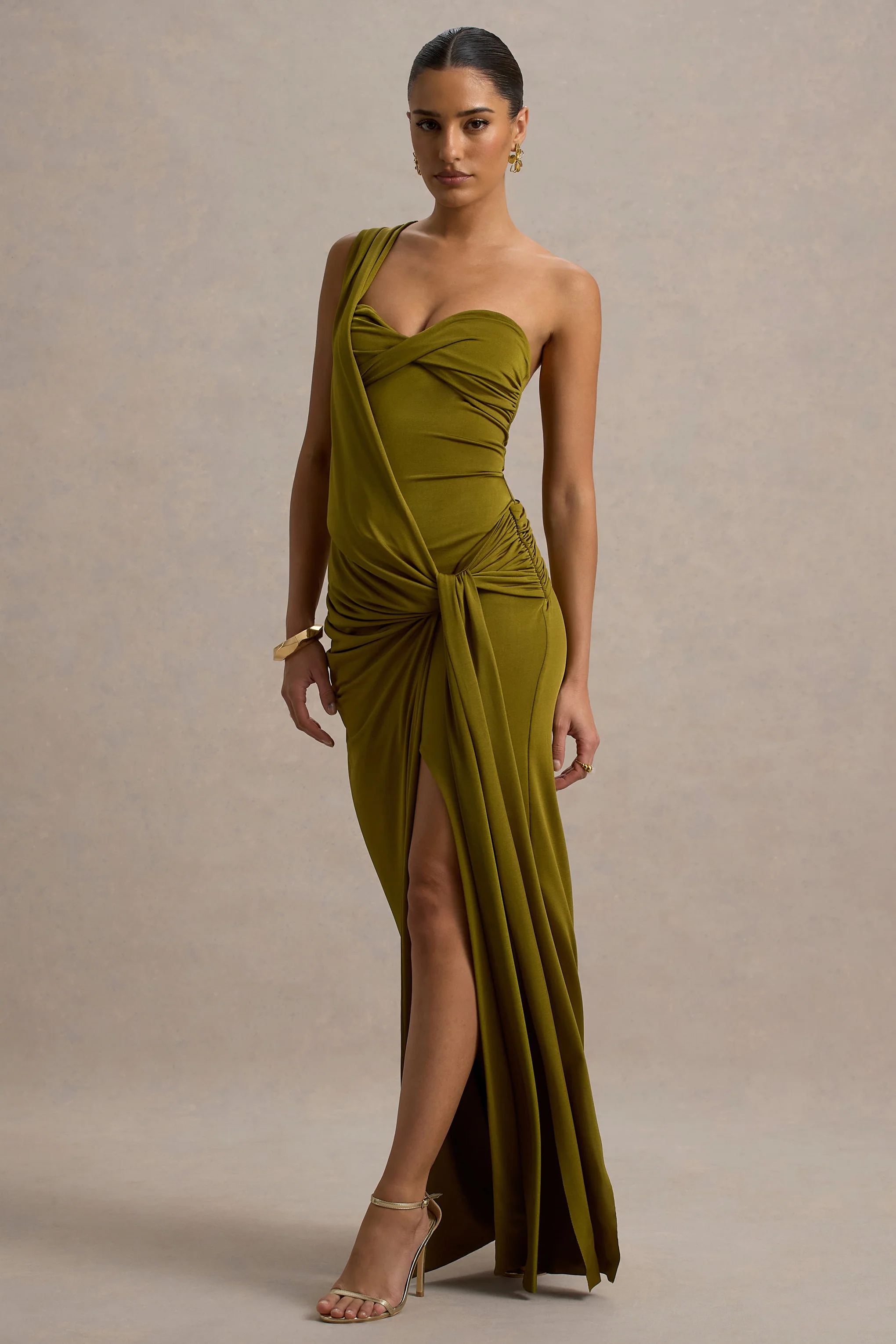 Erminia | Olive Green One-Shoulder Twist Wrap Maxi Dress