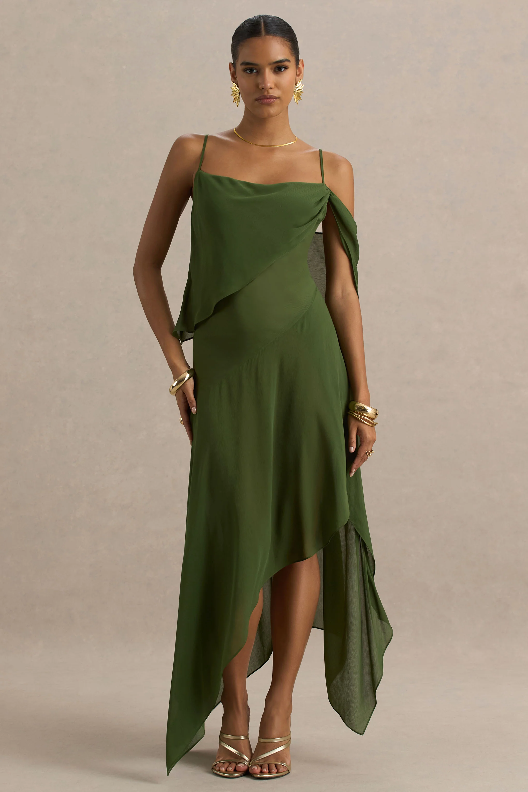 Tiara | Green Asymmetric Midi Dress With Draping Detailing and Open-Back