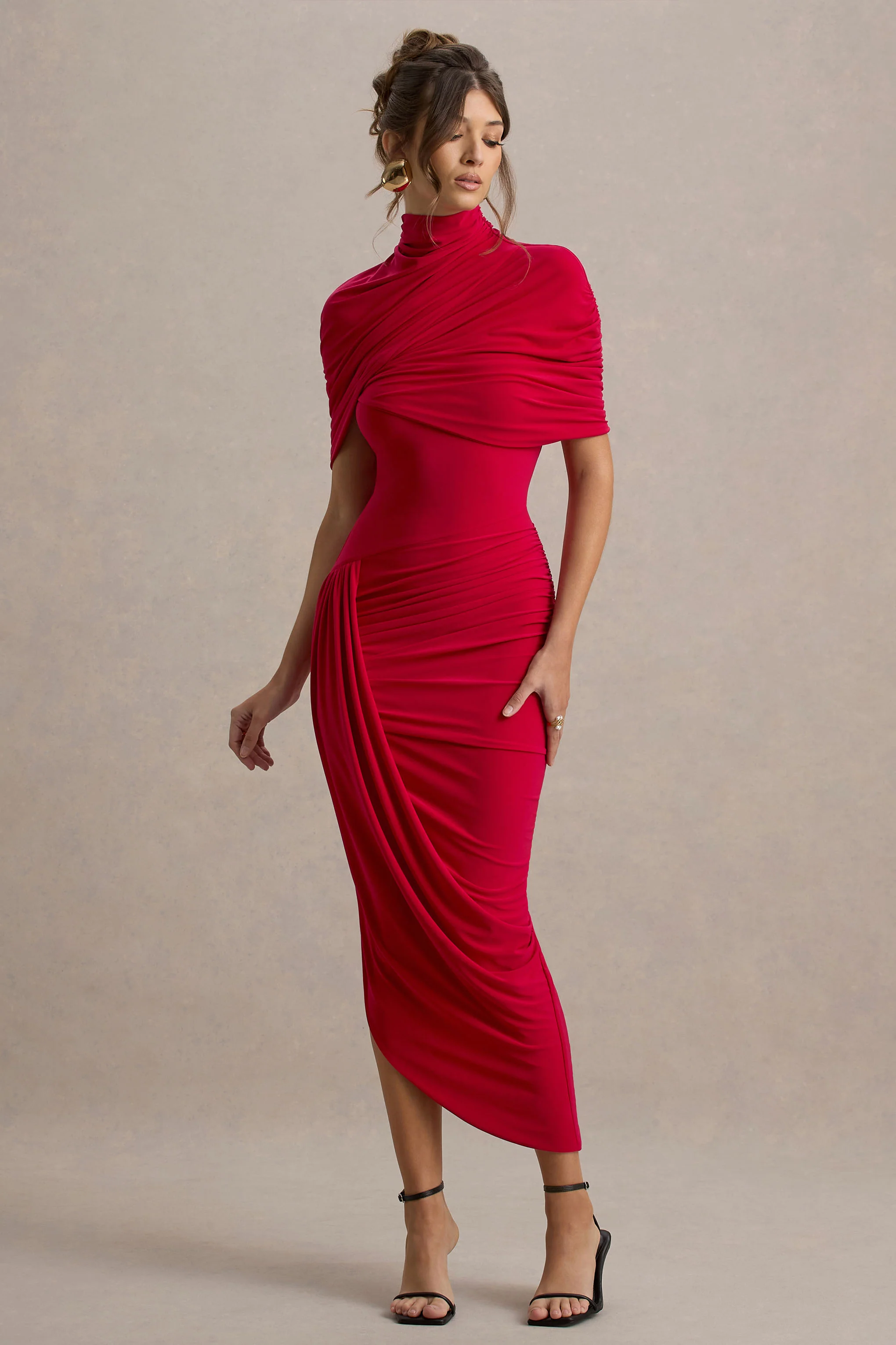 Enchant | Red Asymmetric Twisted Cape Maxi Dress