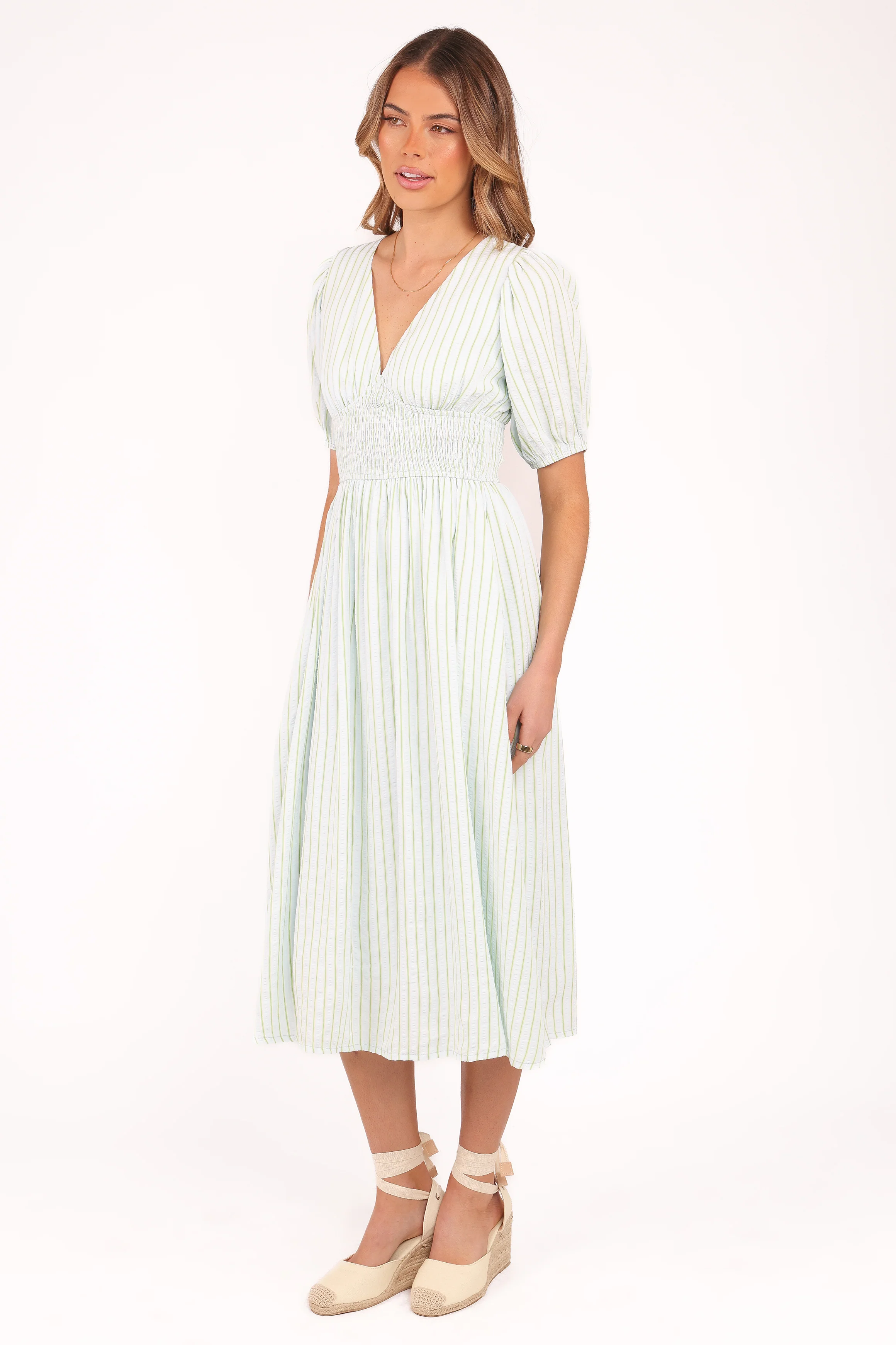Ronnie Short Sleeve Midi Dress - Green Blue Stripe