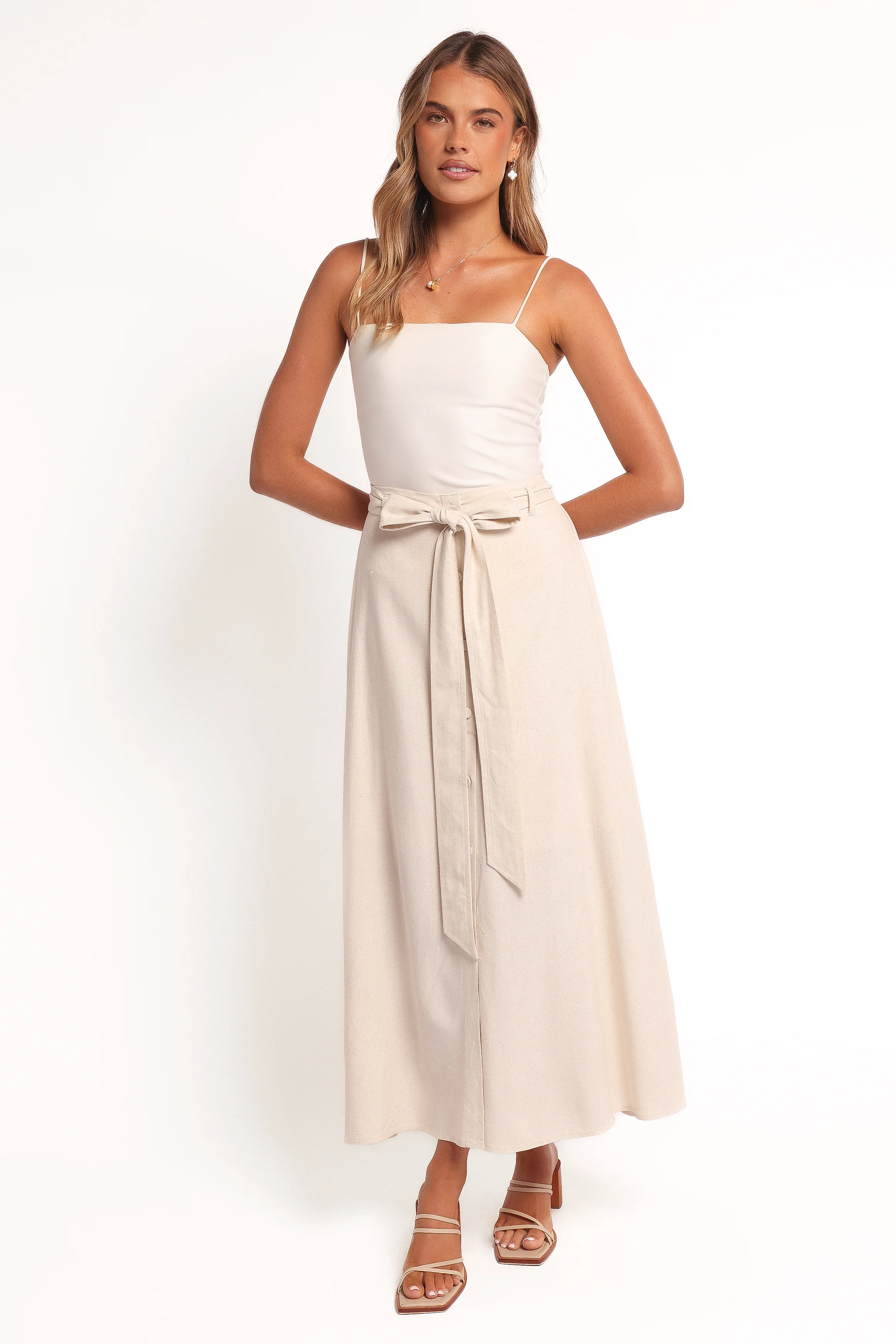 Xander Tie Waist Midi Skirt - Oatmeal