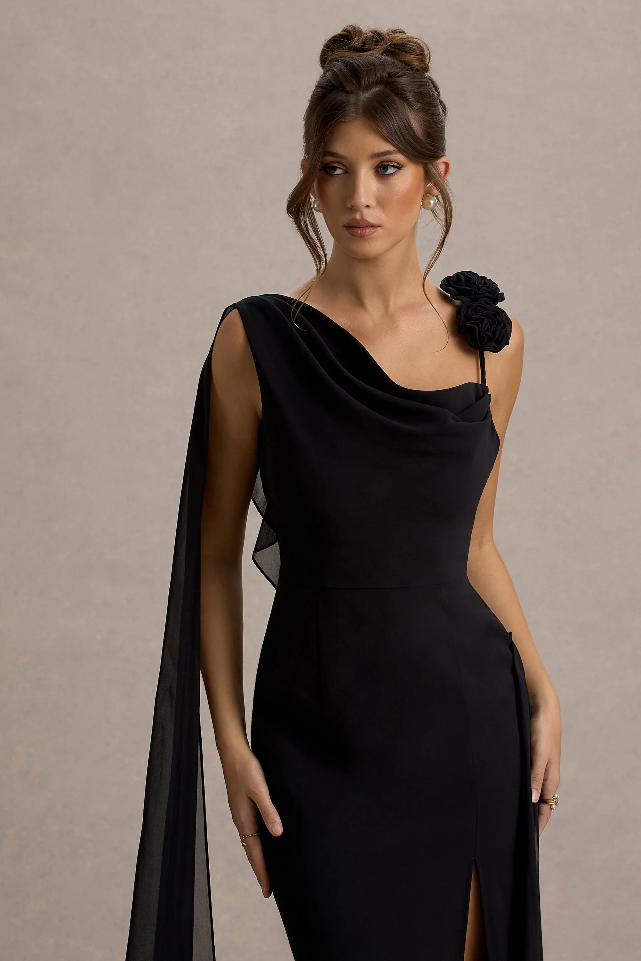 Angeline | Black Chiffon Draped Split Maxi Dress With Corsages