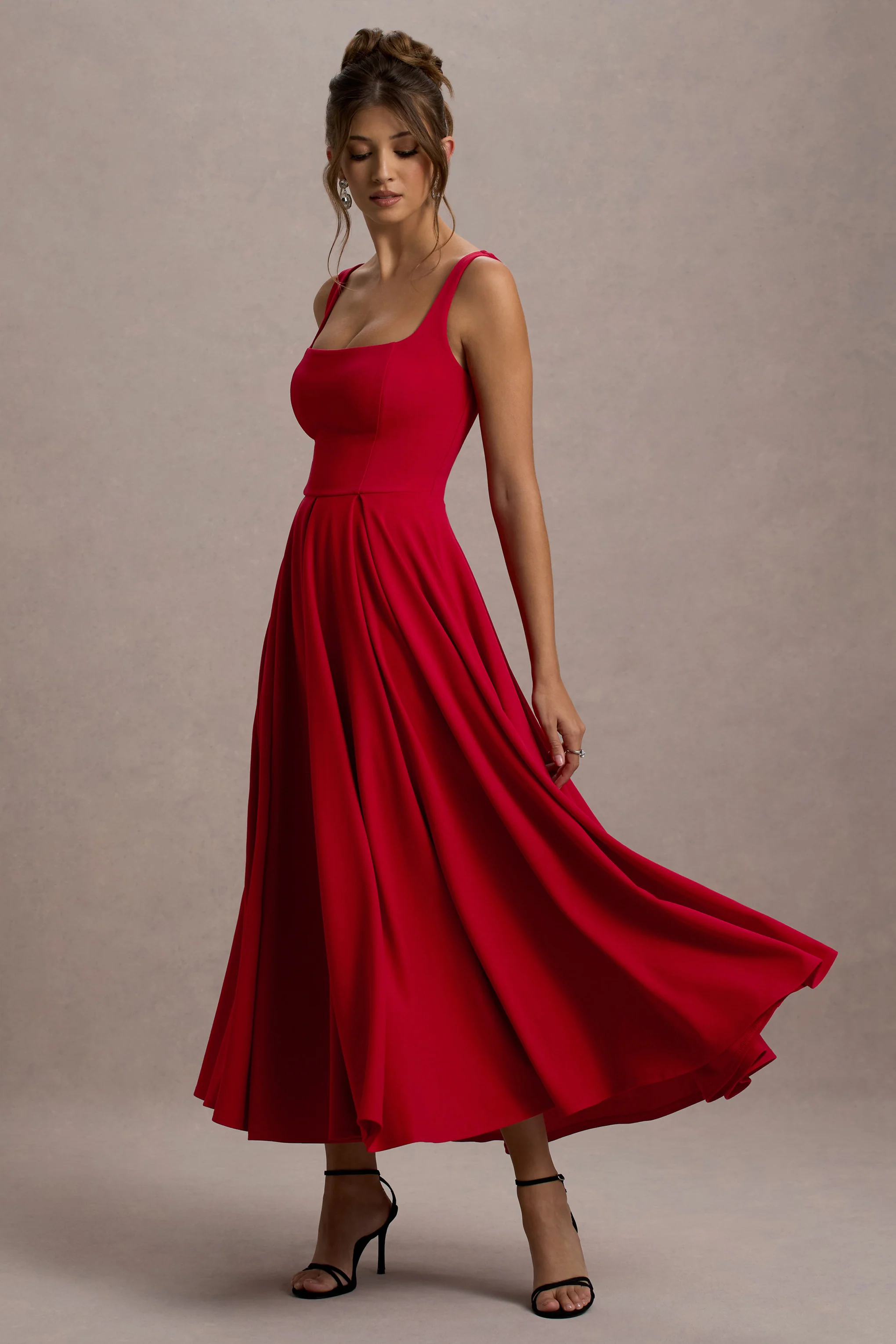 Parina | Red Strappy Volume-Hem Midi Dress