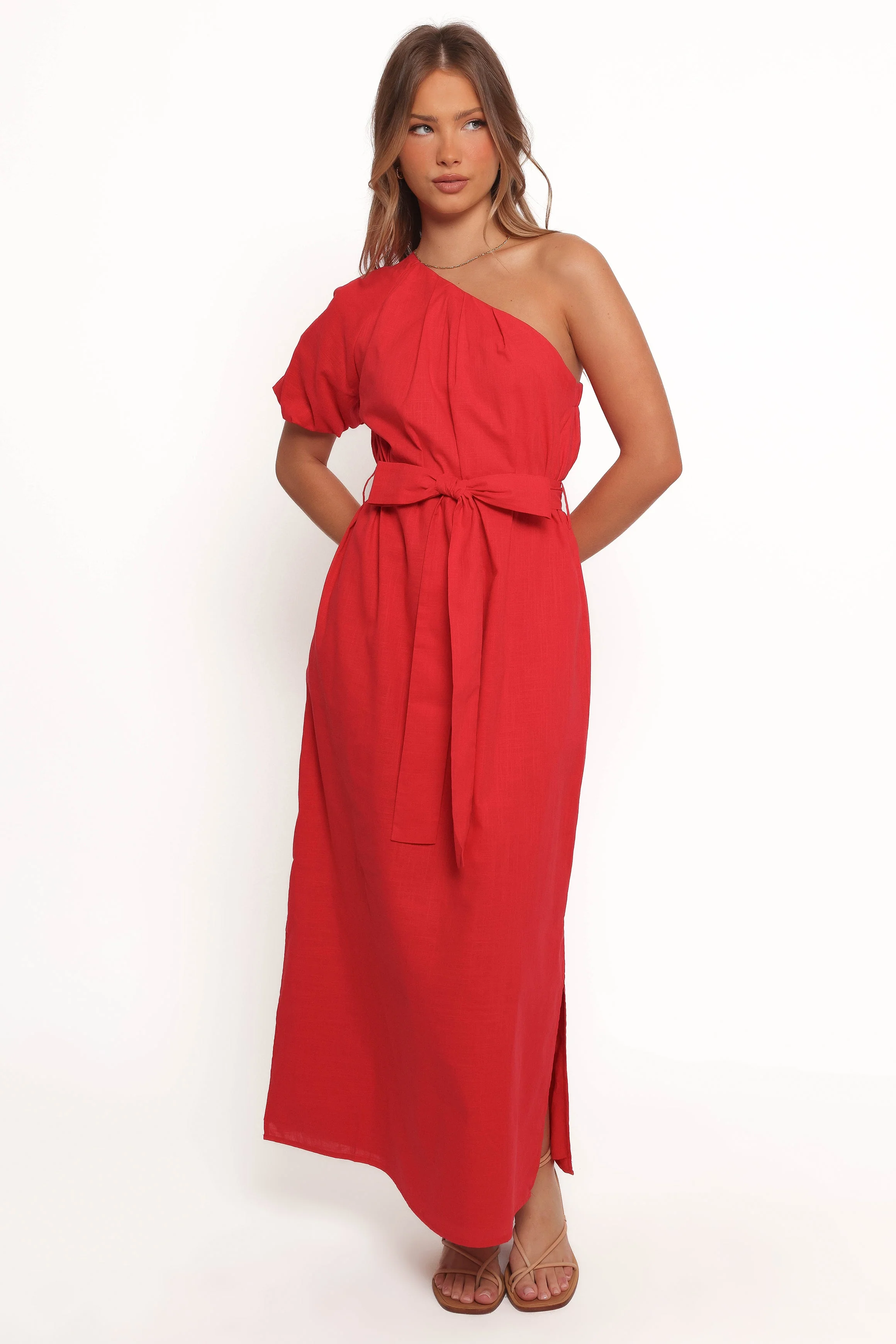 Roma One Shoulder Midi Dress - Red