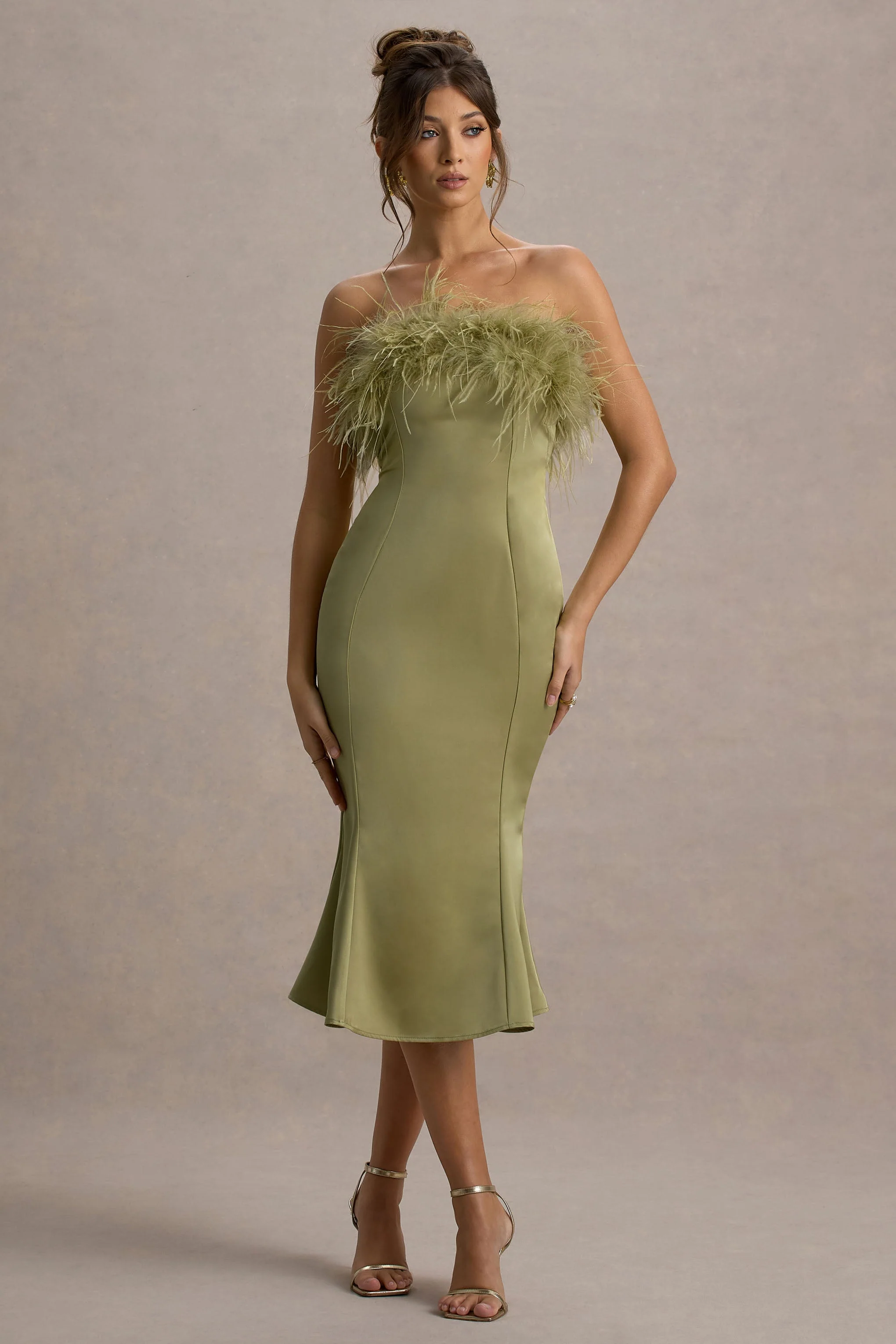 One And Only | Light Green Satin Feather Trim Bandeau Midi Dress
