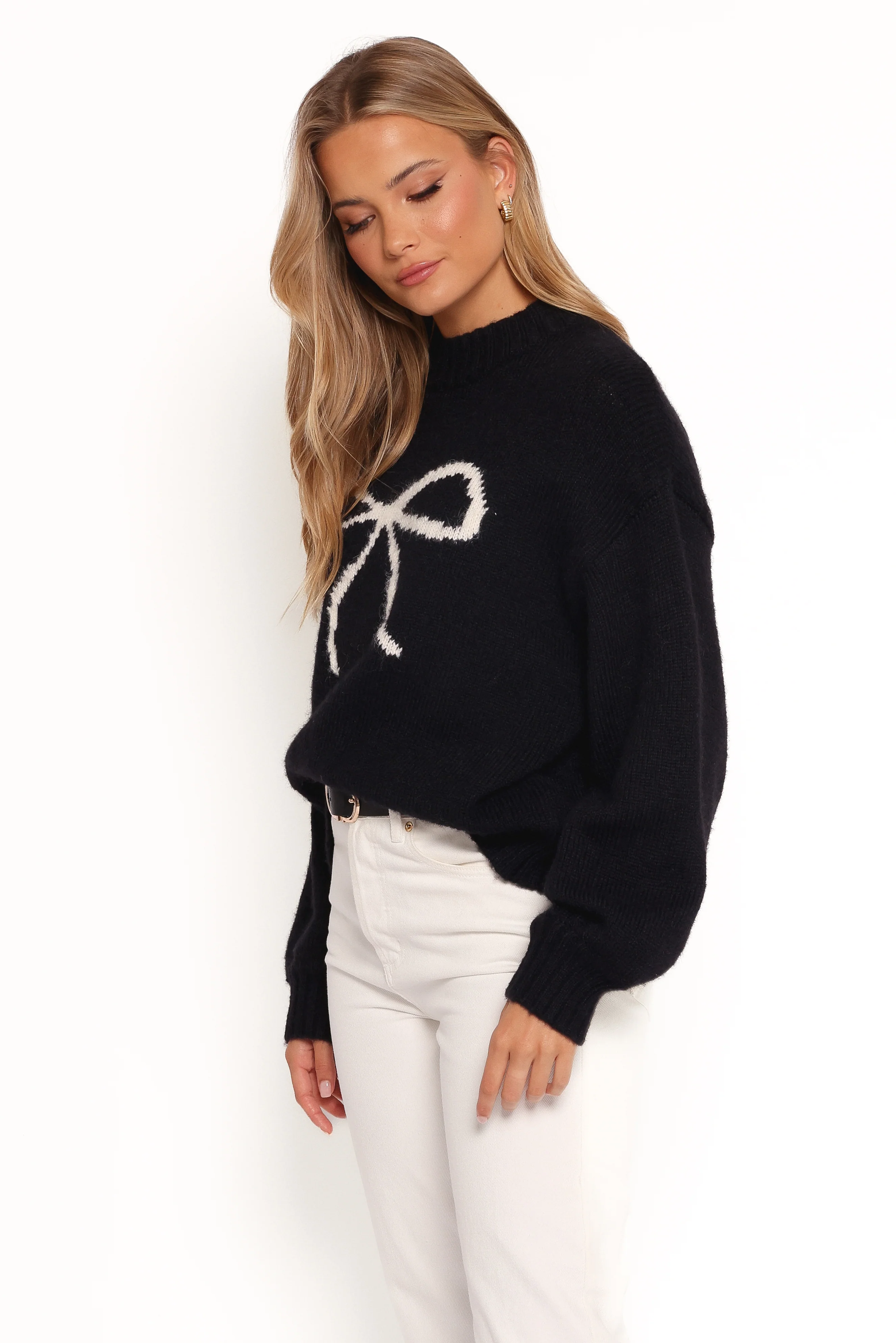 Cecelia Bow Print Mock Neck Knit Sweater - Black