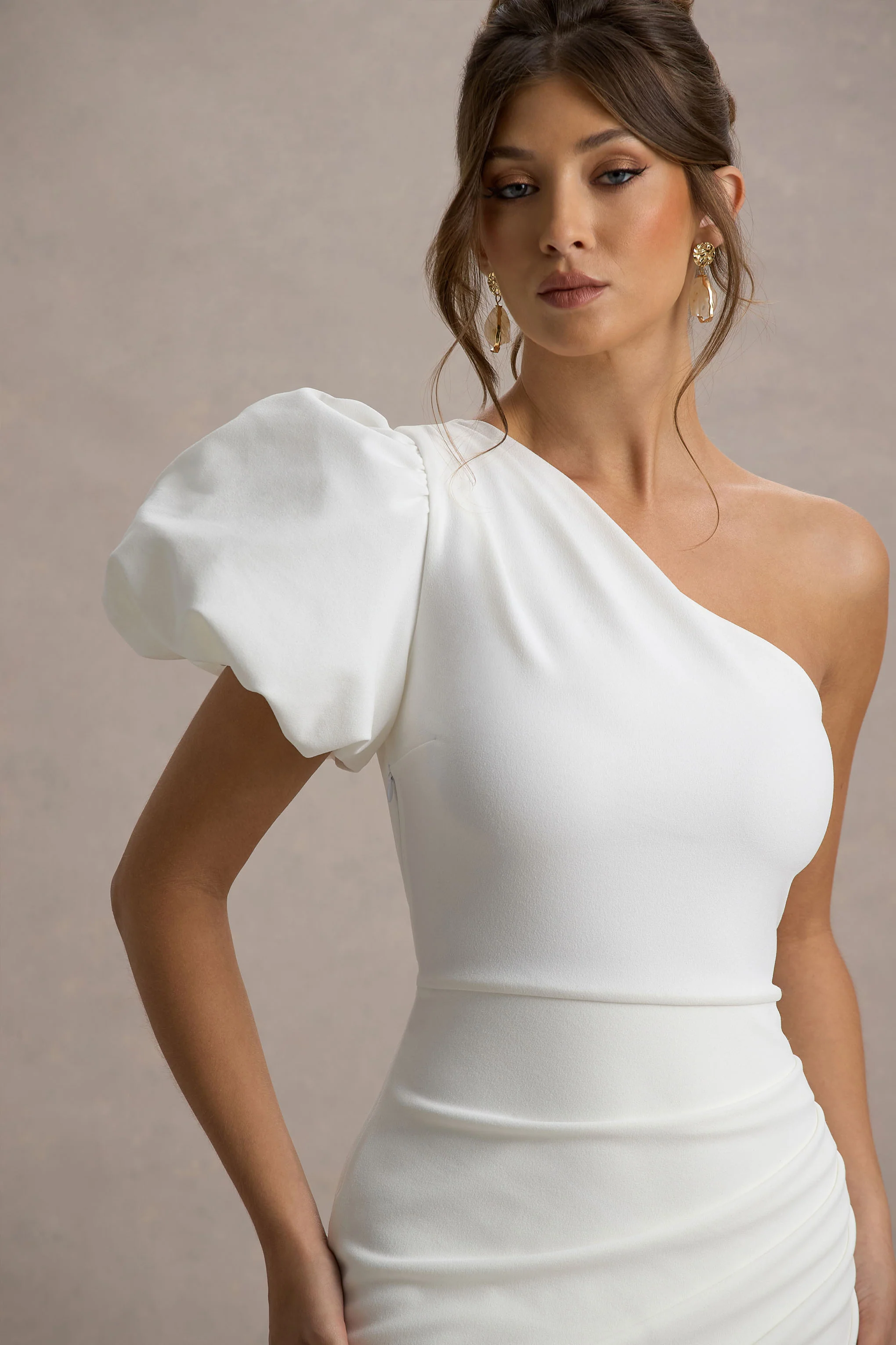 Vittoria | White Asymmetric Puff-Sleeve Split Maxi Dress