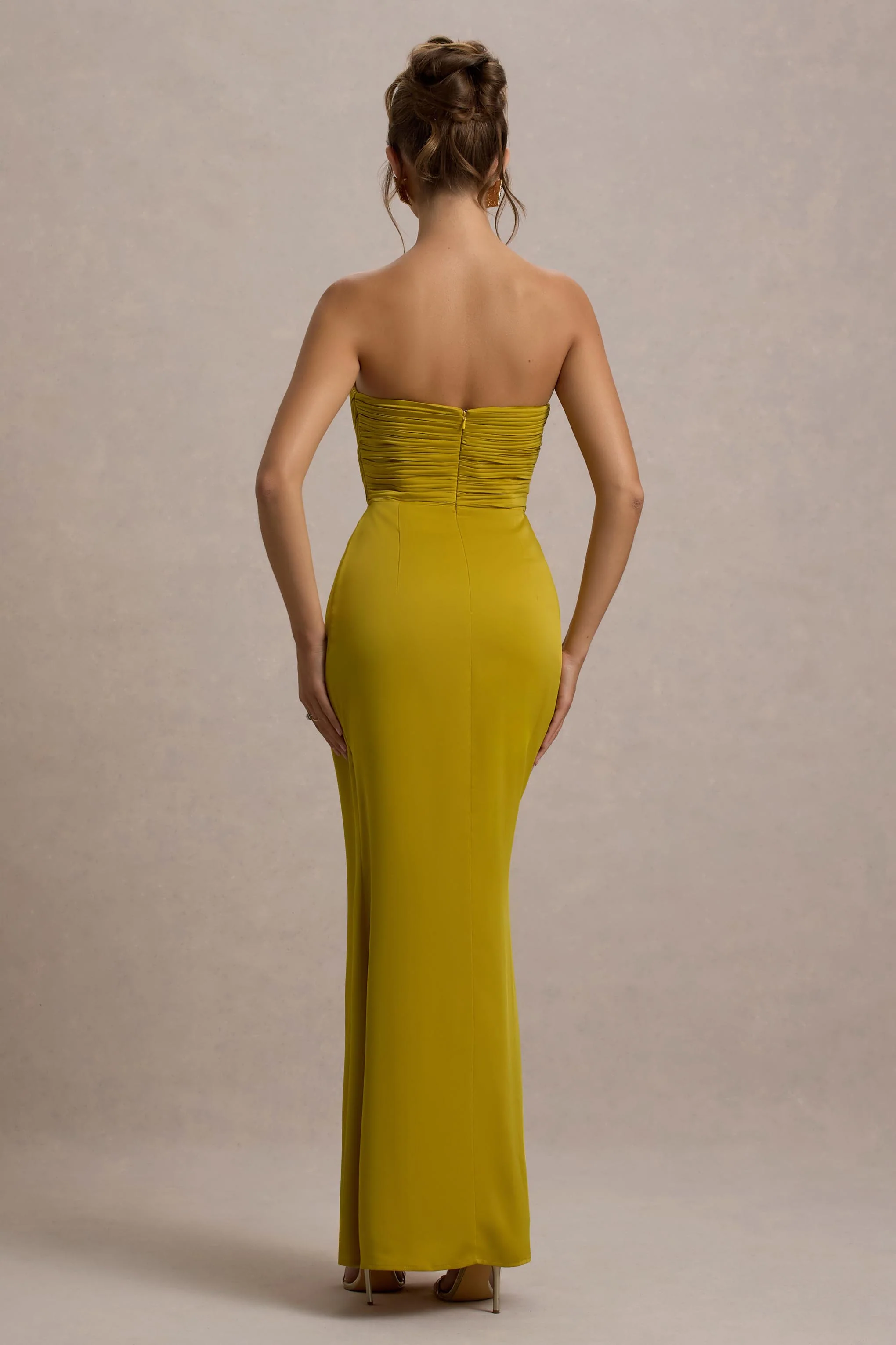 Edel | Mustard Satin Strapless Maxi Dress With Drape