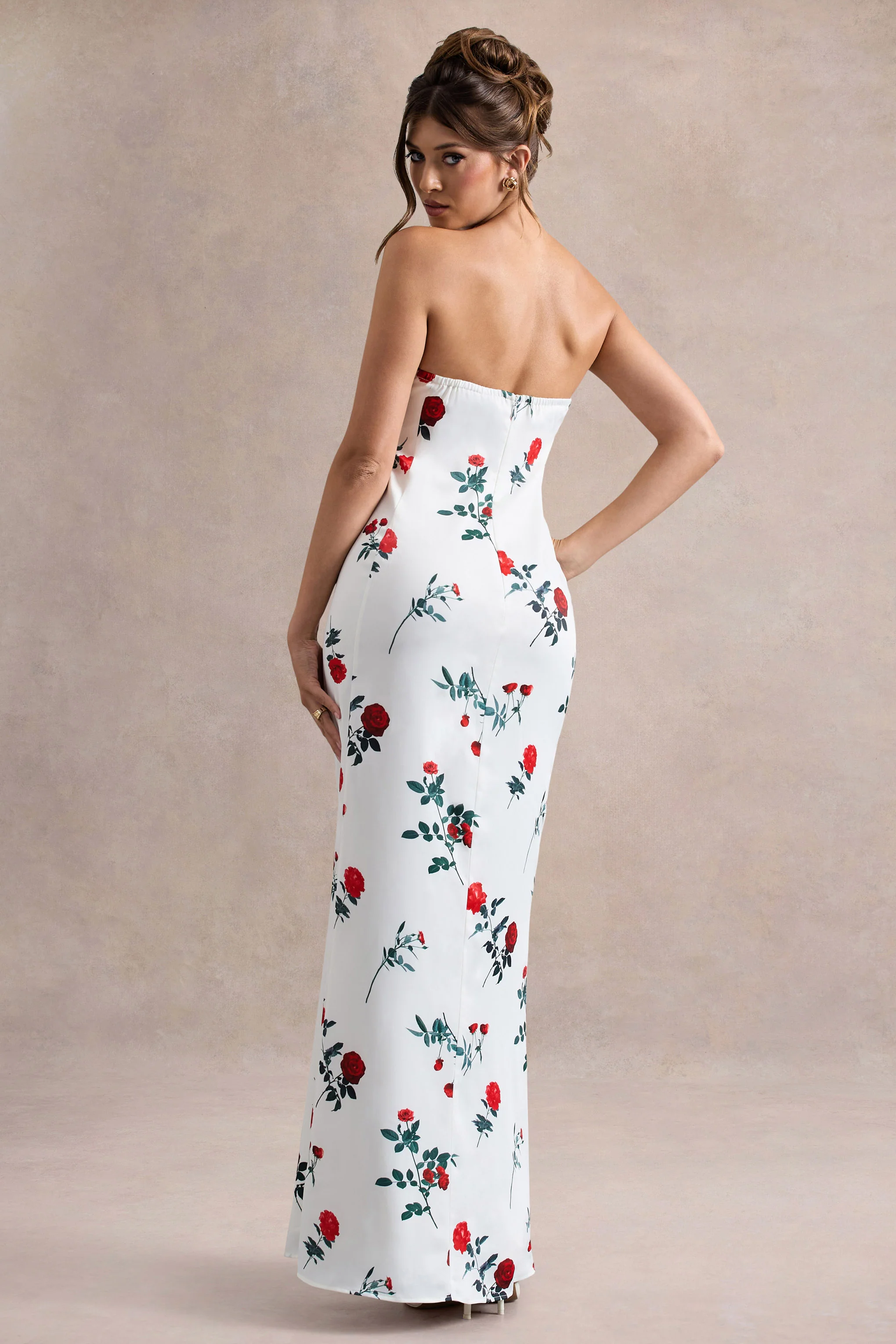 Azra | Rose Print Satin Bandeau Maxi Dress