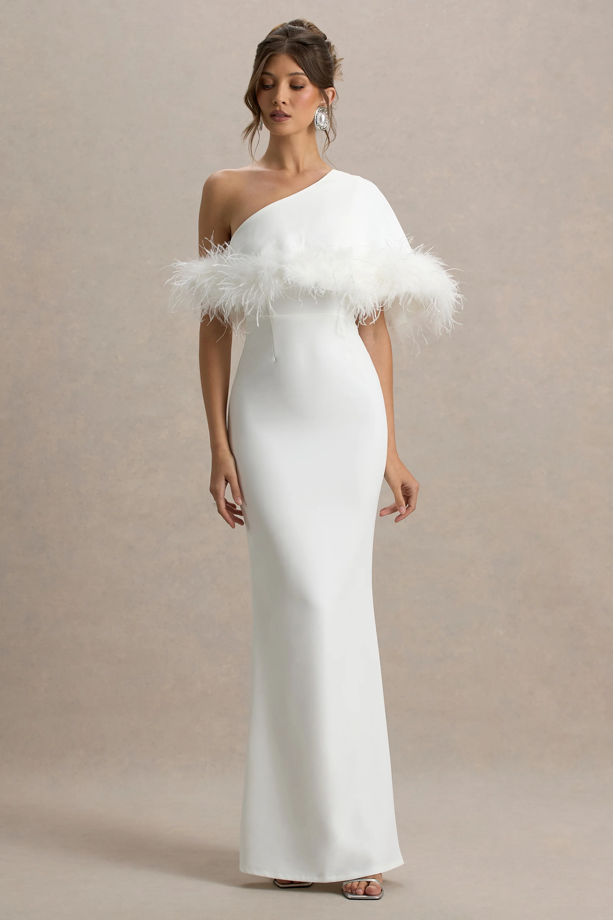 Valor | White Asymmetric Maxi Dress With Feather Trim