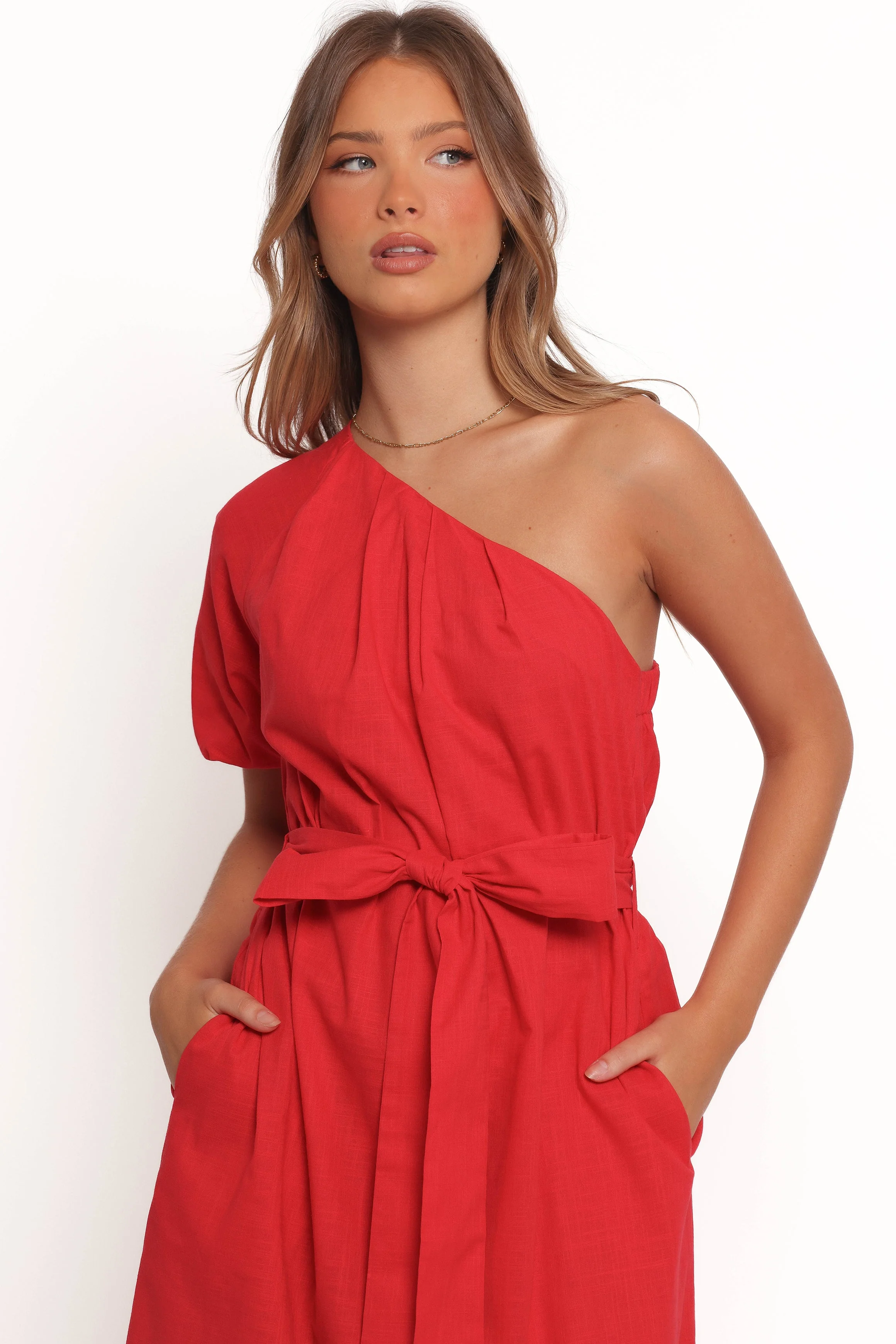 Roma One Shoulder Midi Dress - Red