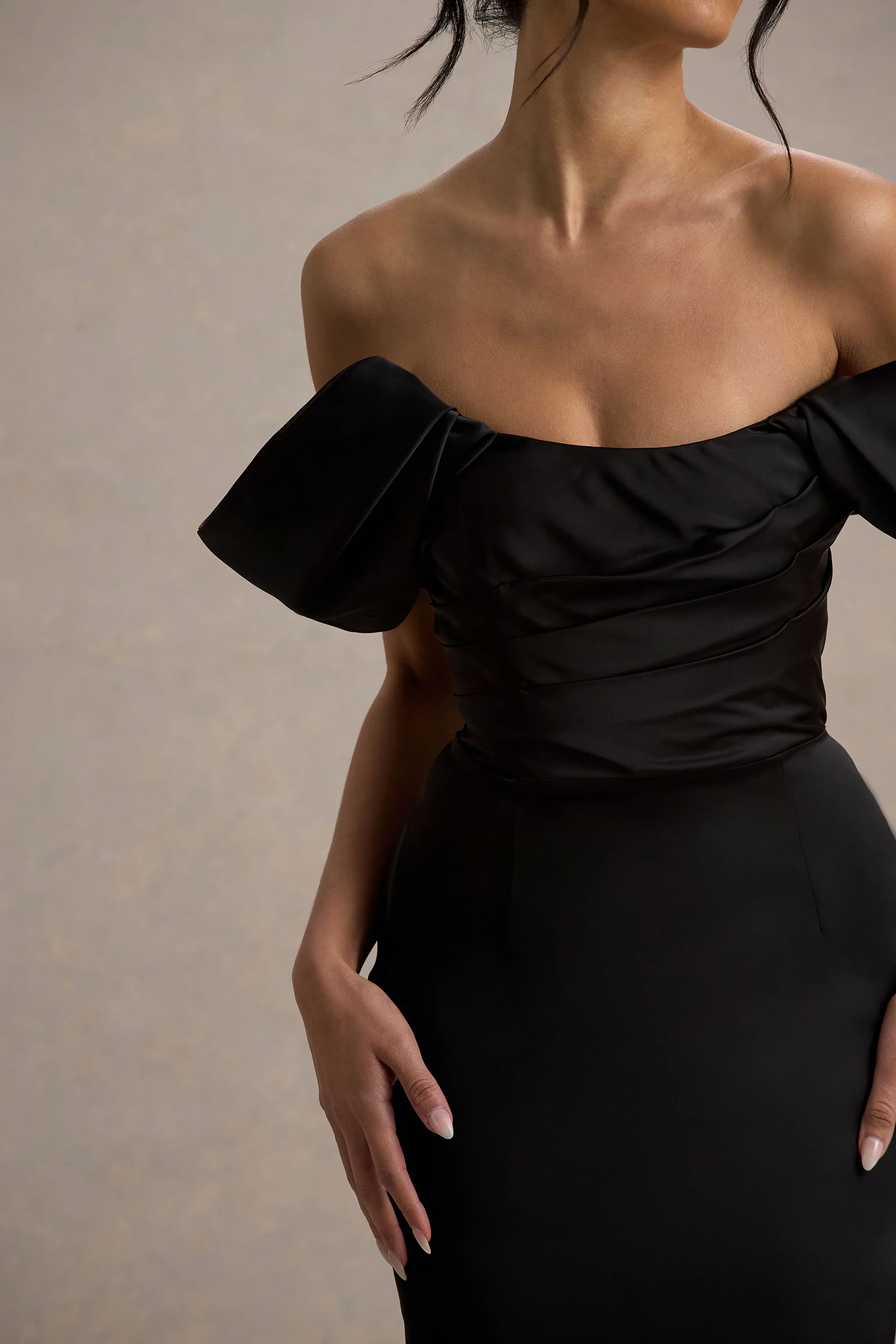 Annita | Black Satin Bardot Maxi Dress