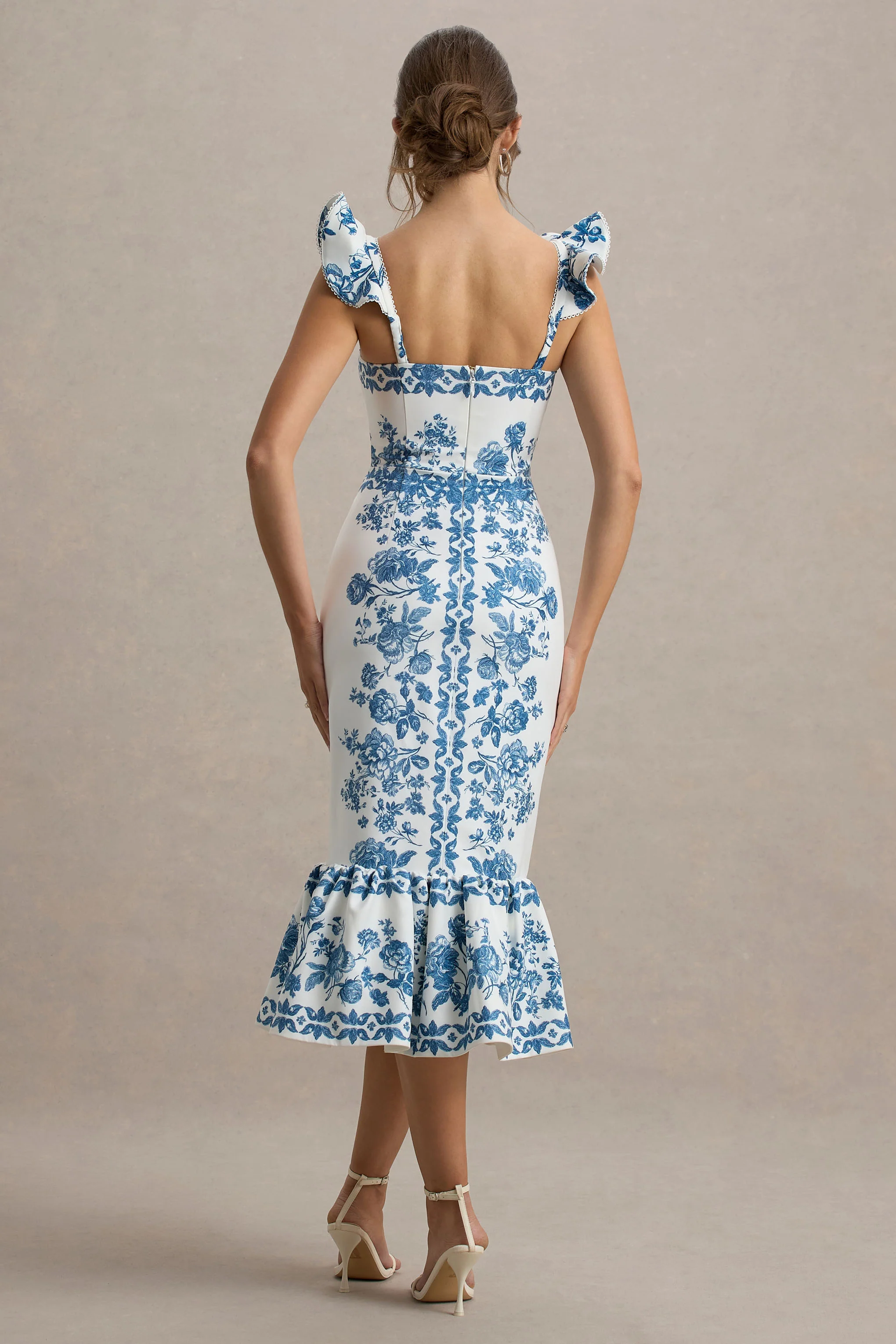 Sarey | Blue Porcelain Print Ruffle Midi Dress