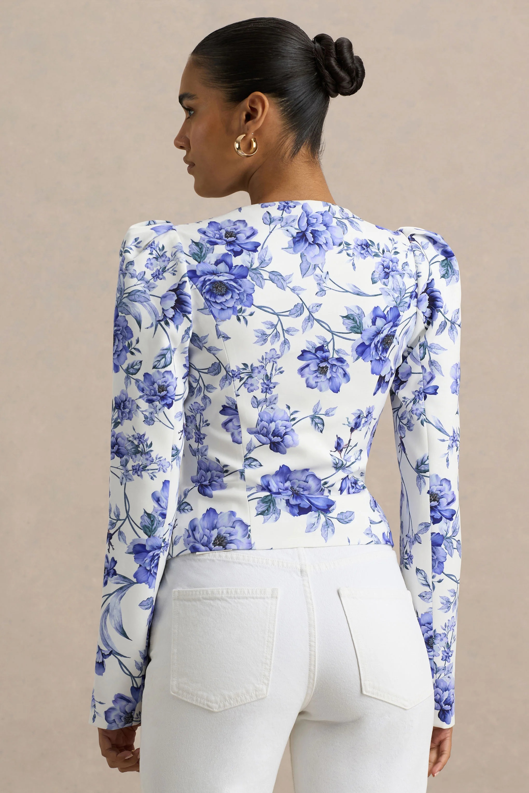 Olympia | Blue Floral Print Sweetheart-Neck Tailored Top