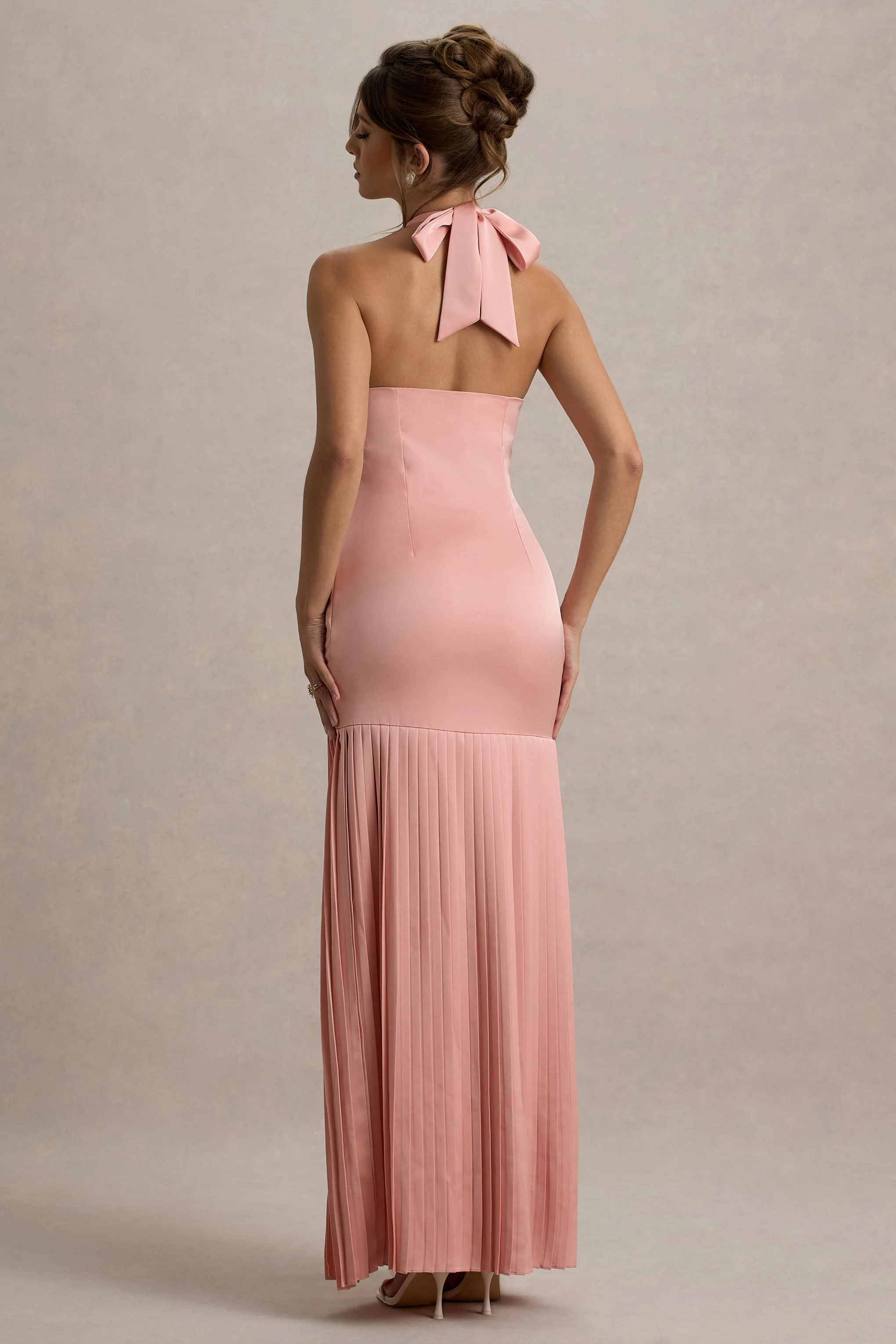 Sansa | Light Pink Satin Cross Halter-Neck Plisse Maxi Dress