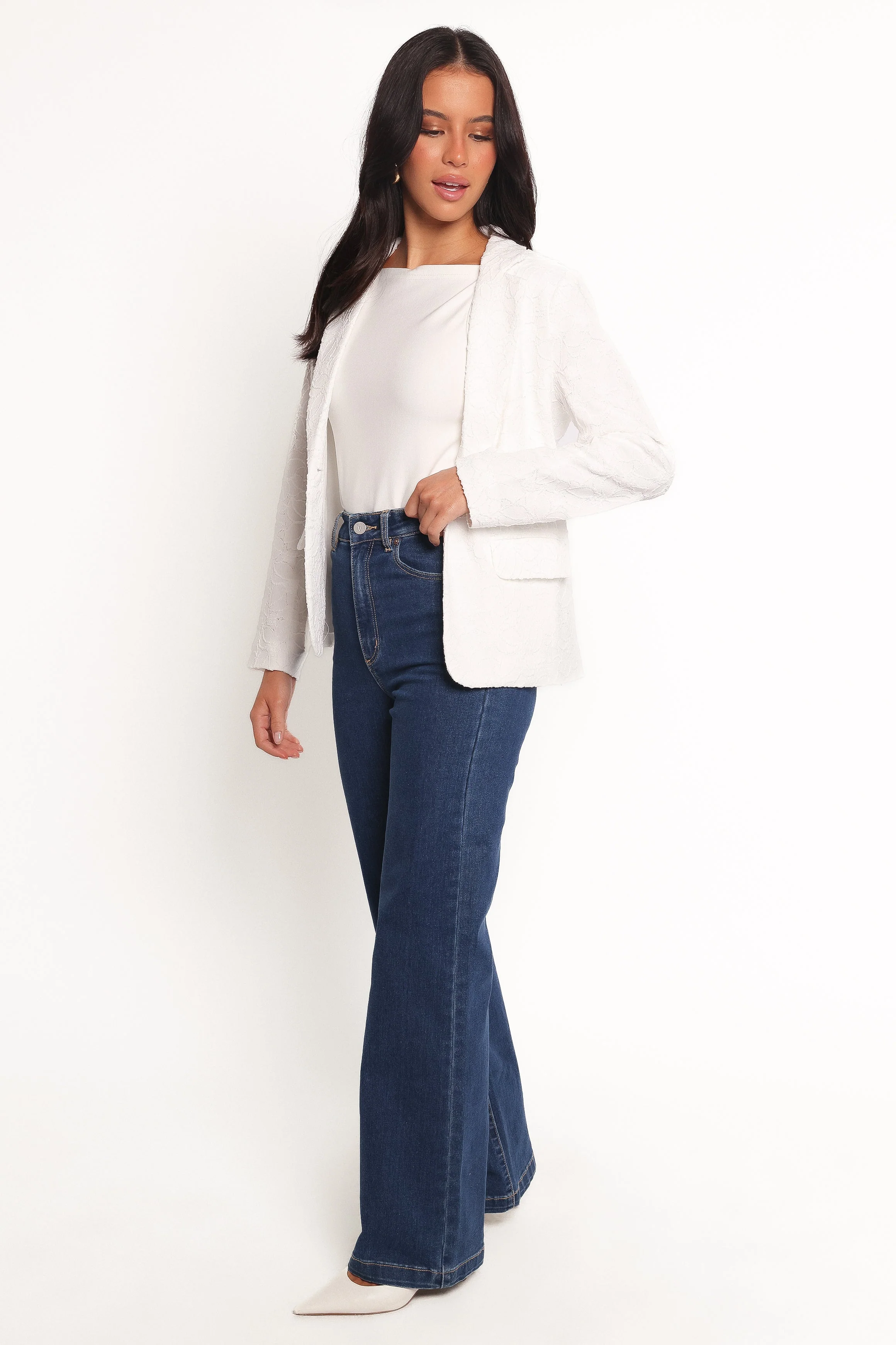 Darian Lace Knit Single Button Blazer - Off White