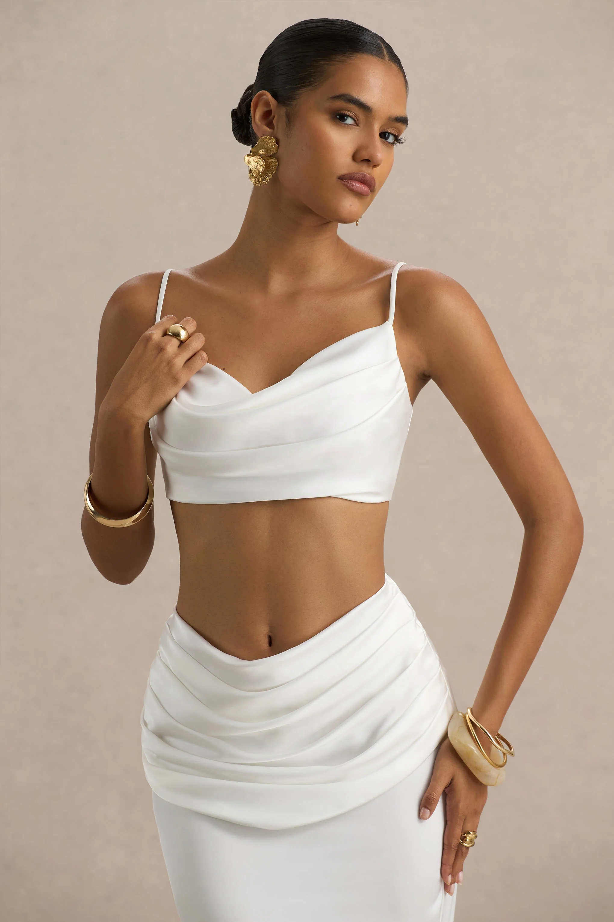 Una | White Ruched Cowl-Neck Crop Top