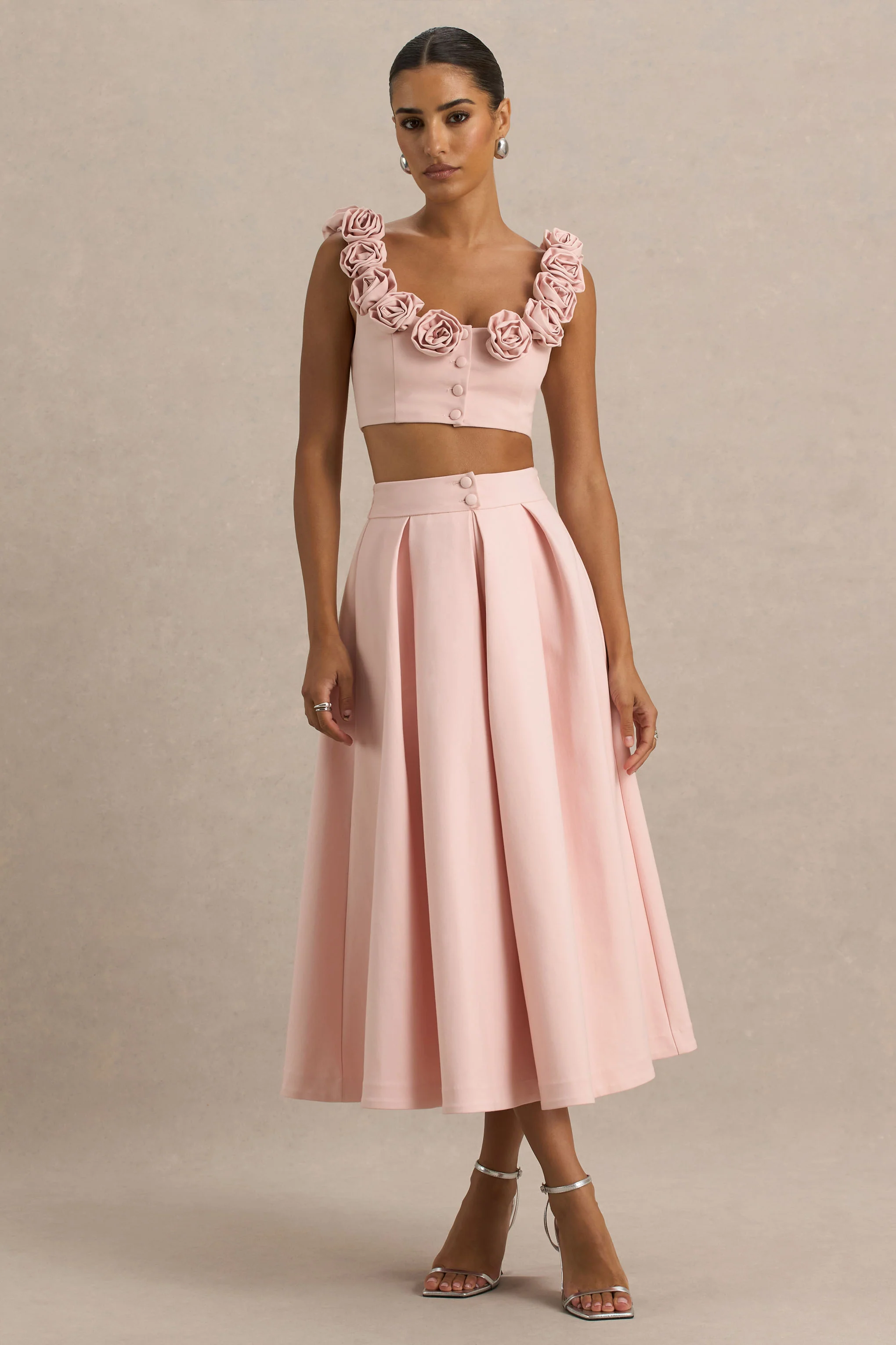 Sara | Baby Pink Midi Skirt With Buttons