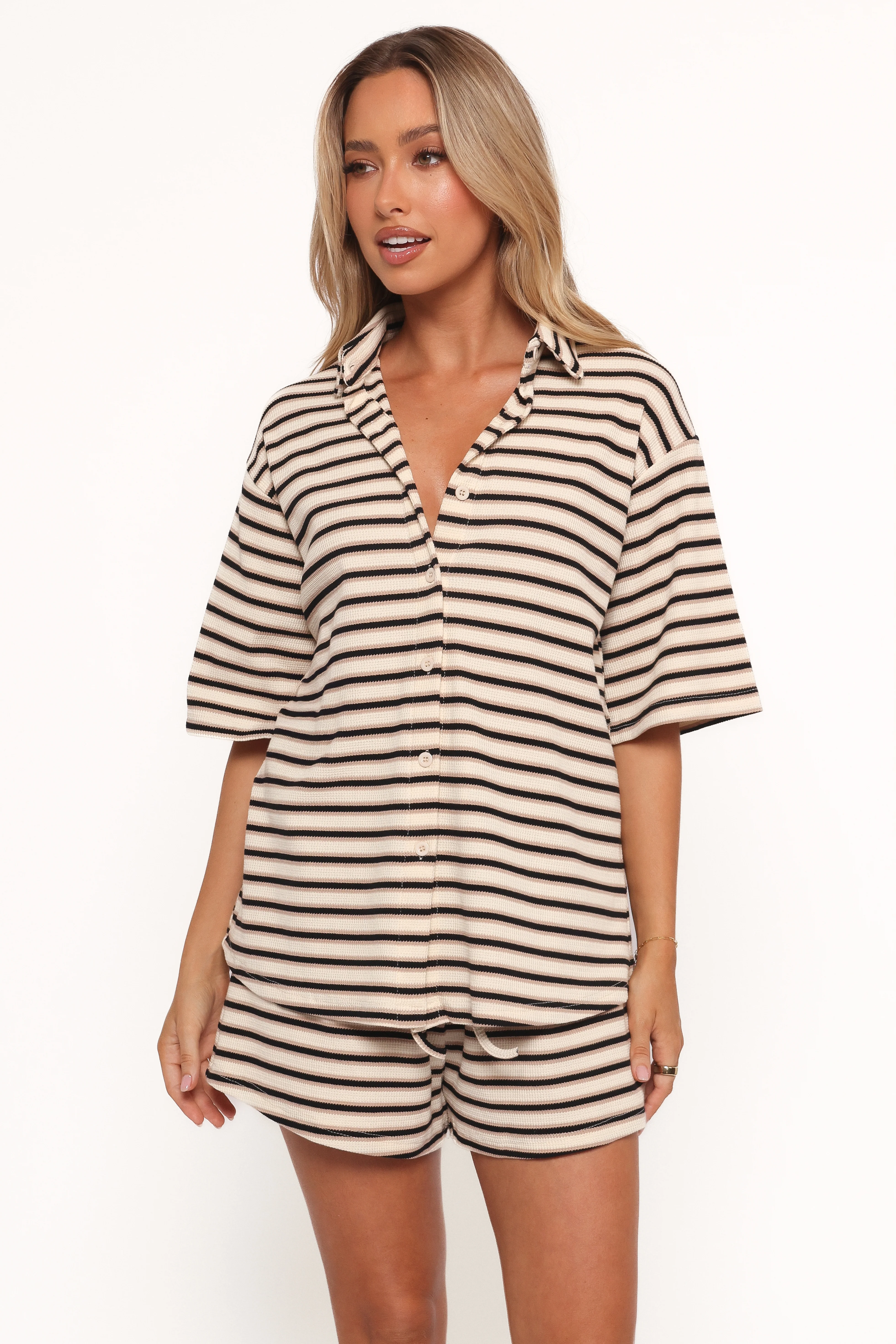 Alden Cotton Knit Set - Beige Black Stripe