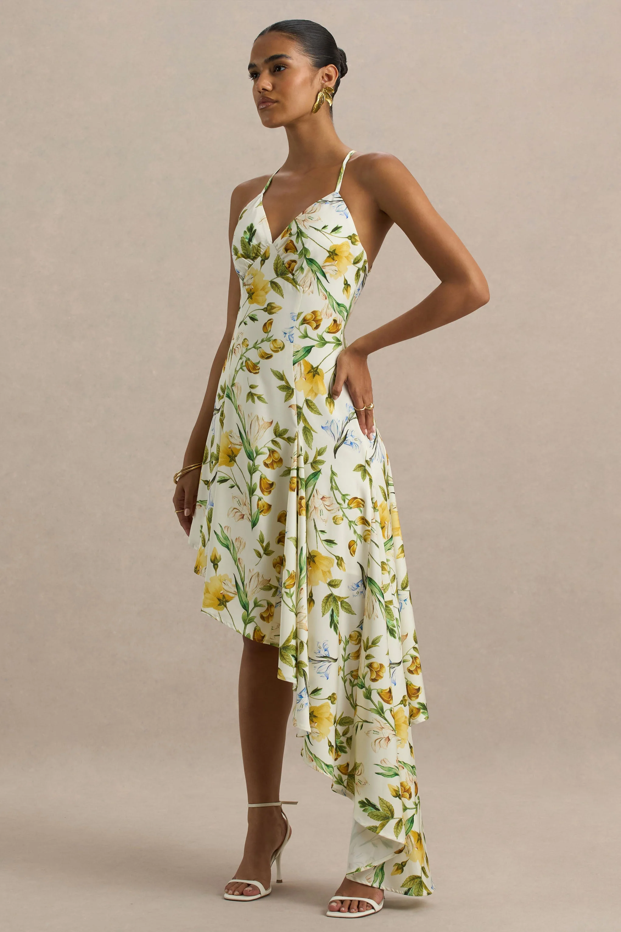 Glint | White Botanical Print Satin Plunge-Neck Maxi Dress With Asymmetric Hem