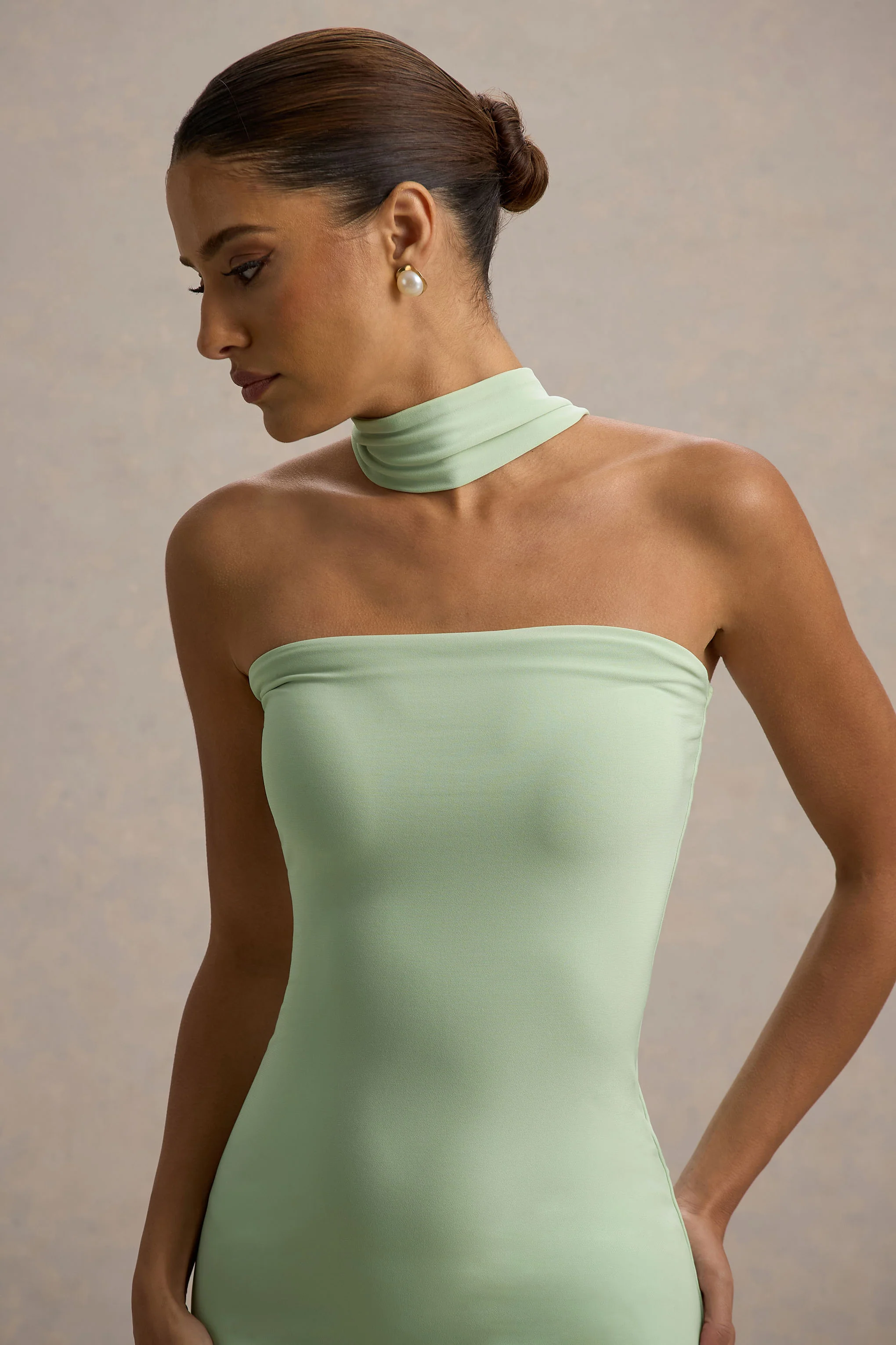 Nobu | Light Green Bandeau Maxi Dress With Halter-Collar
