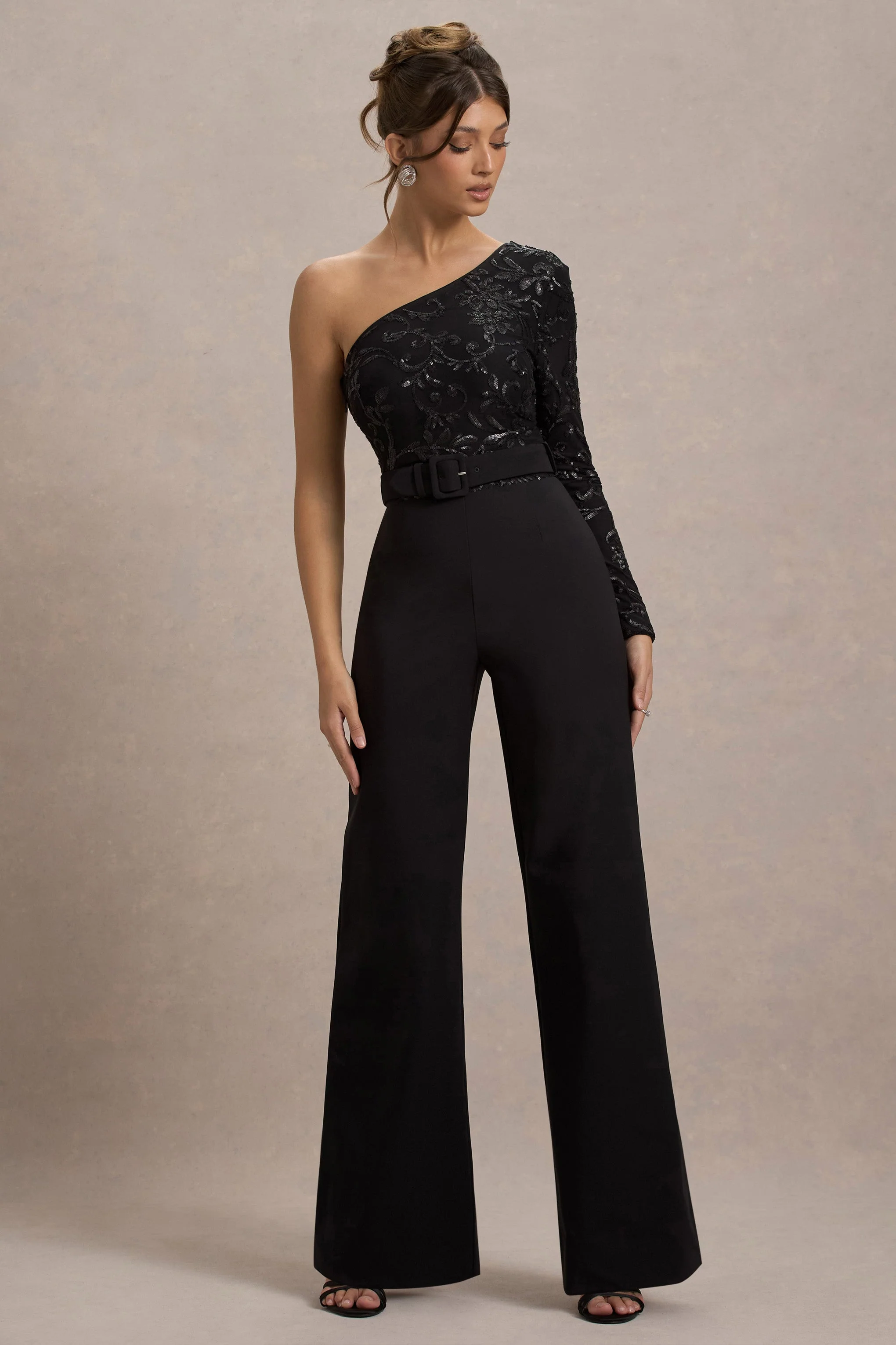 Upgrade | Black Lace Asymmetric Belted Wide-Leg Jumpsuit
