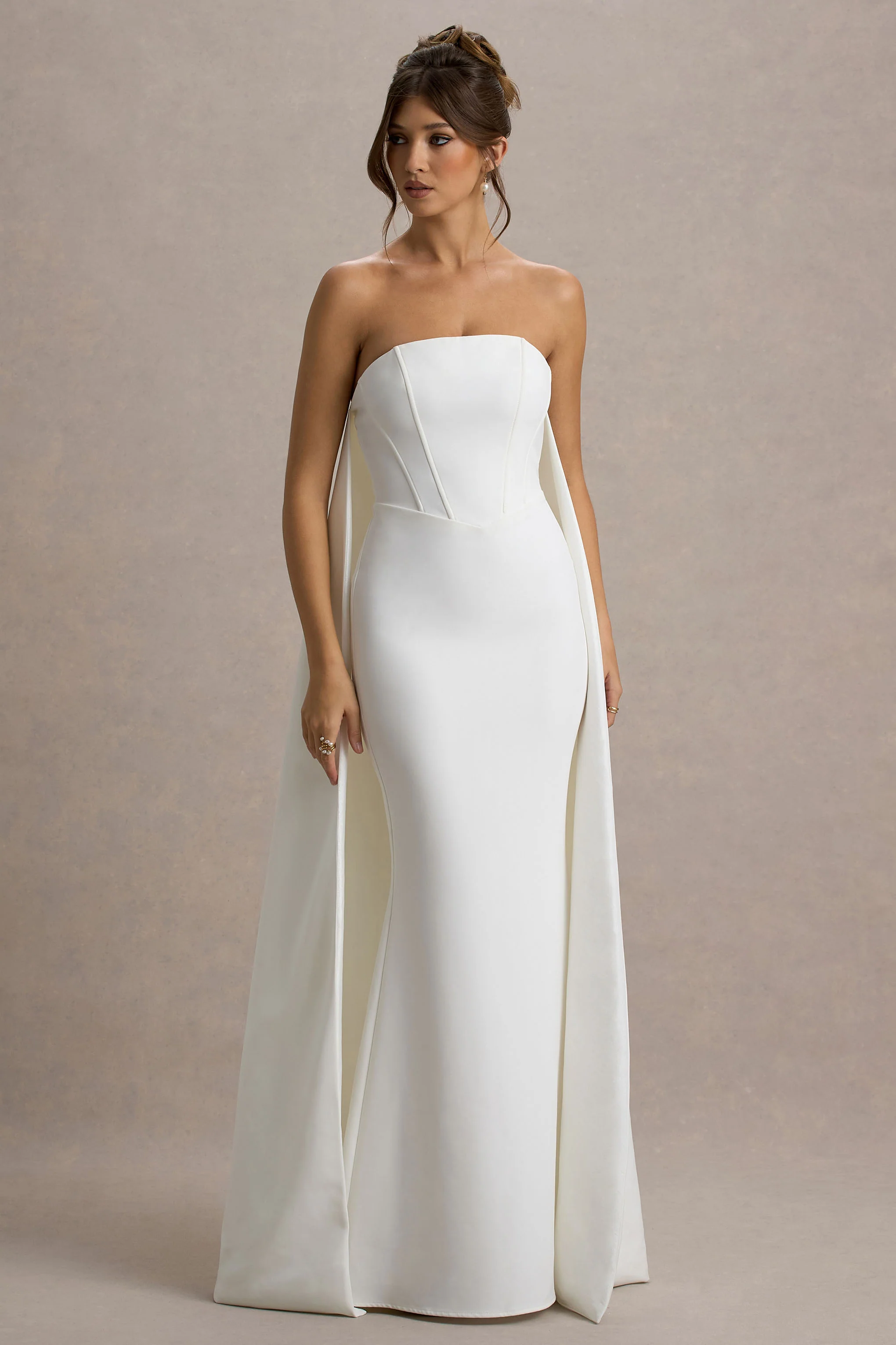 She's Trouble | White Bandeau Maxi Dress With Cape