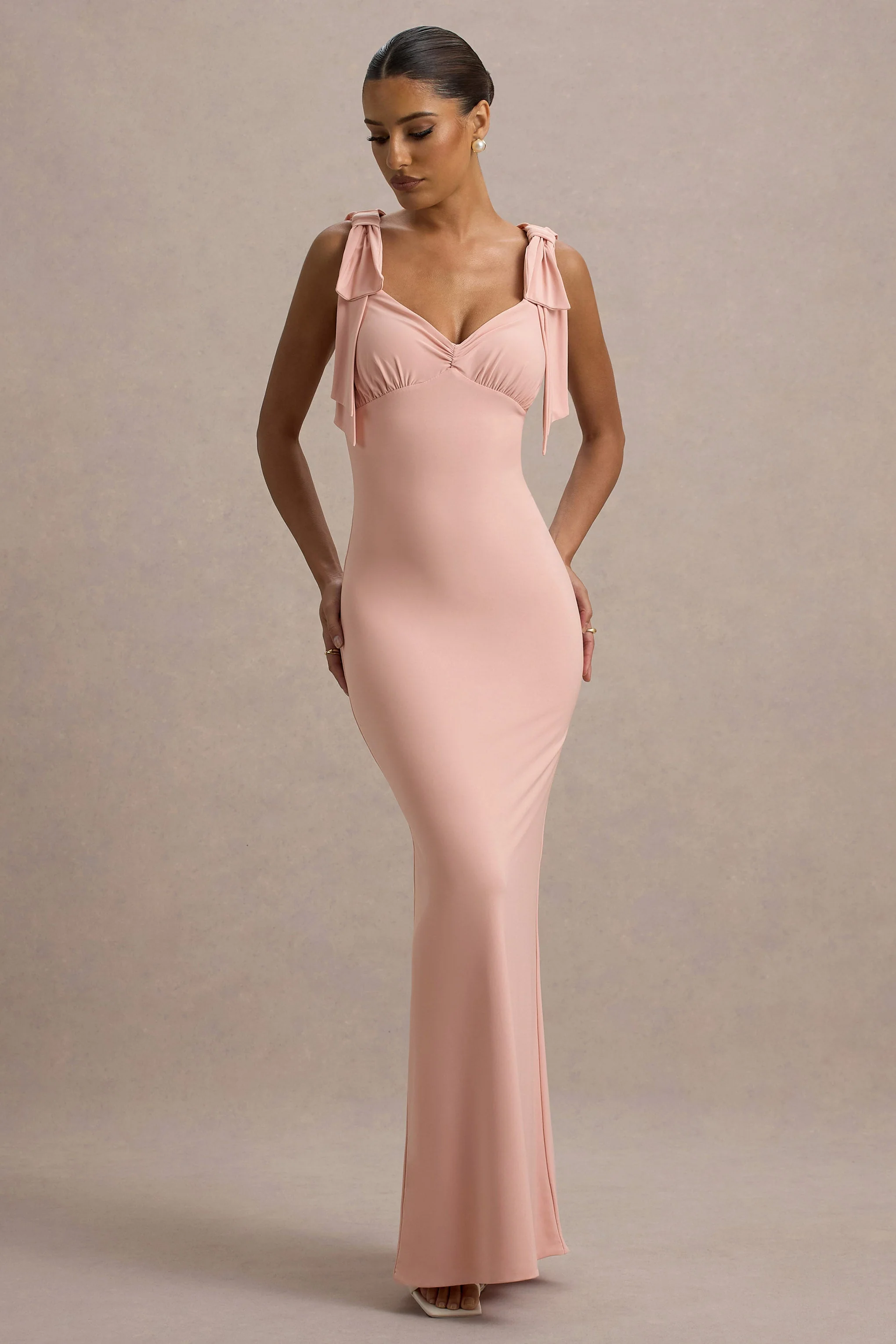 Evanna | Pink V-Neck Maxi Dress With Bow Straps
