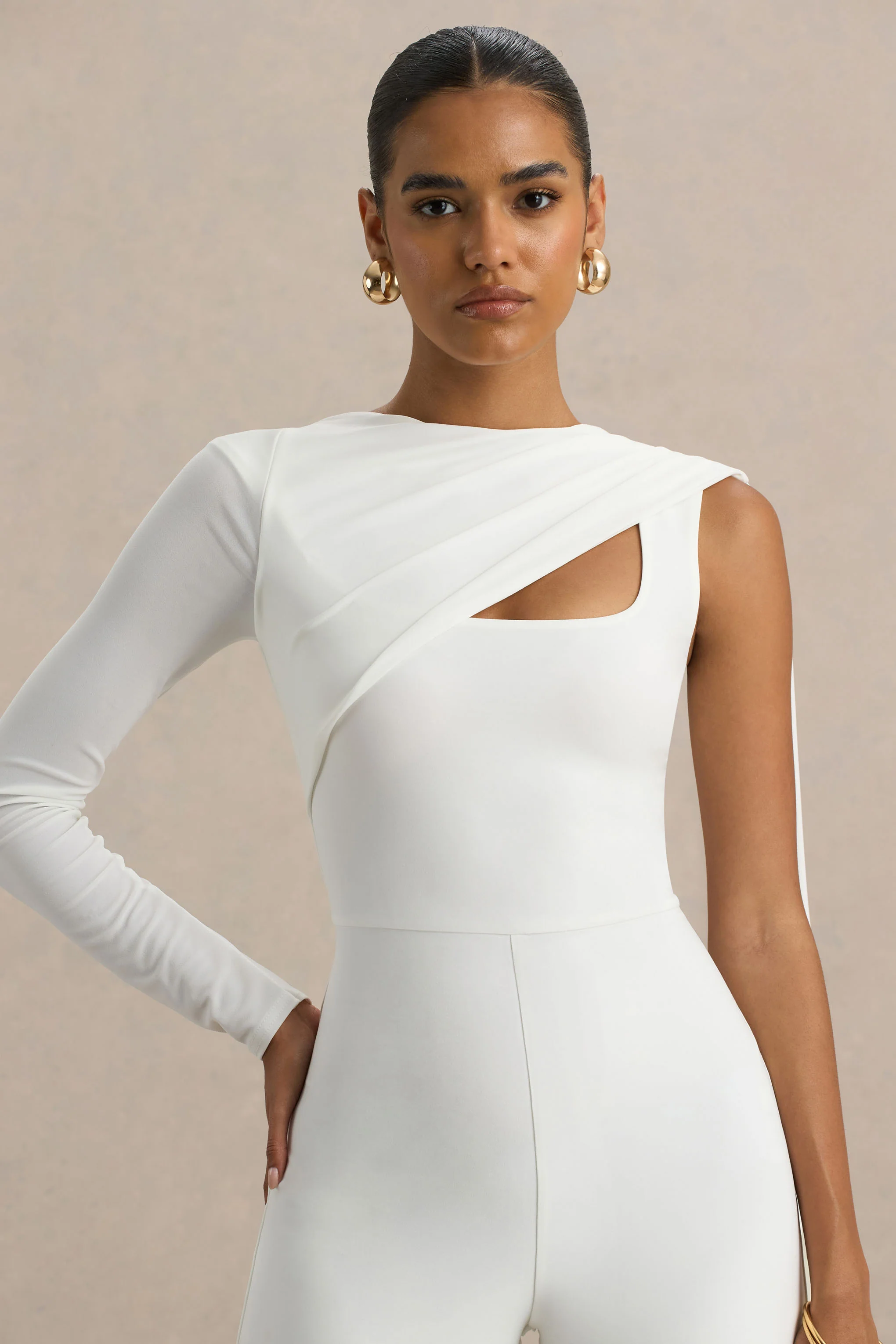 Graces | White High-Neck Jumpsuit With Cape Sleeve