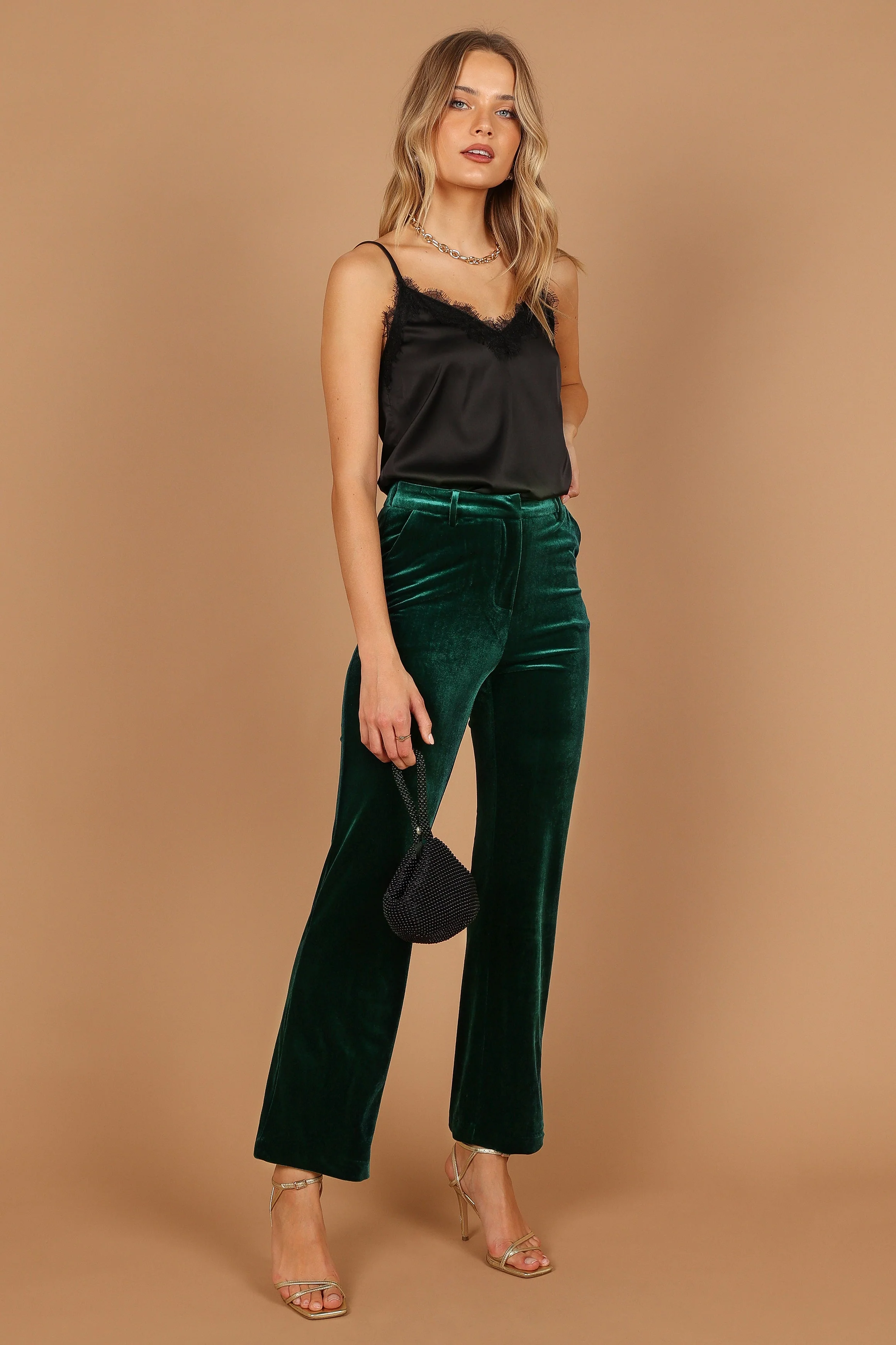 Darla Velvet Wide Leg Pants - Hunter Green
