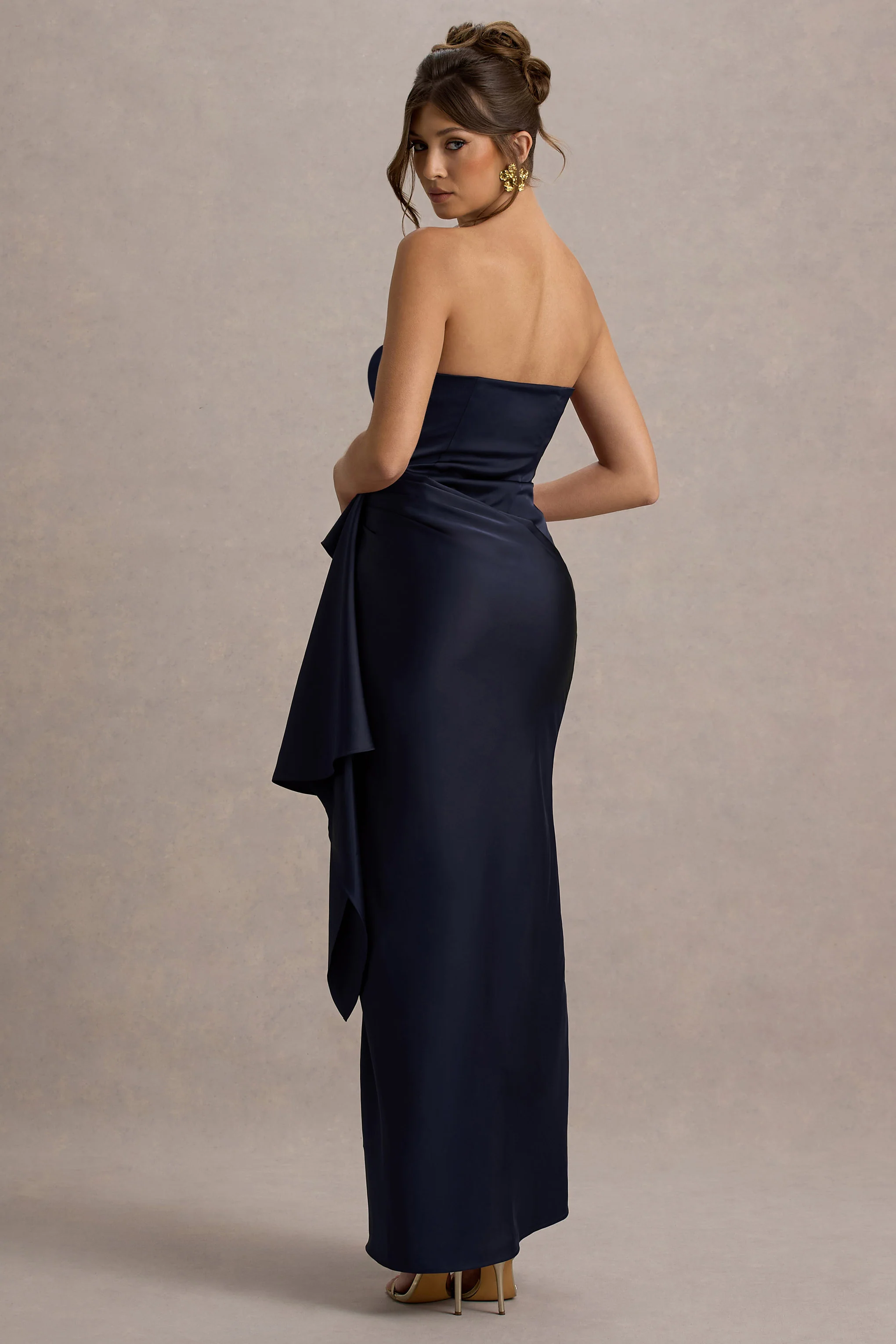 Loz | Navy Satin Bandeau Draped Maxi Dress