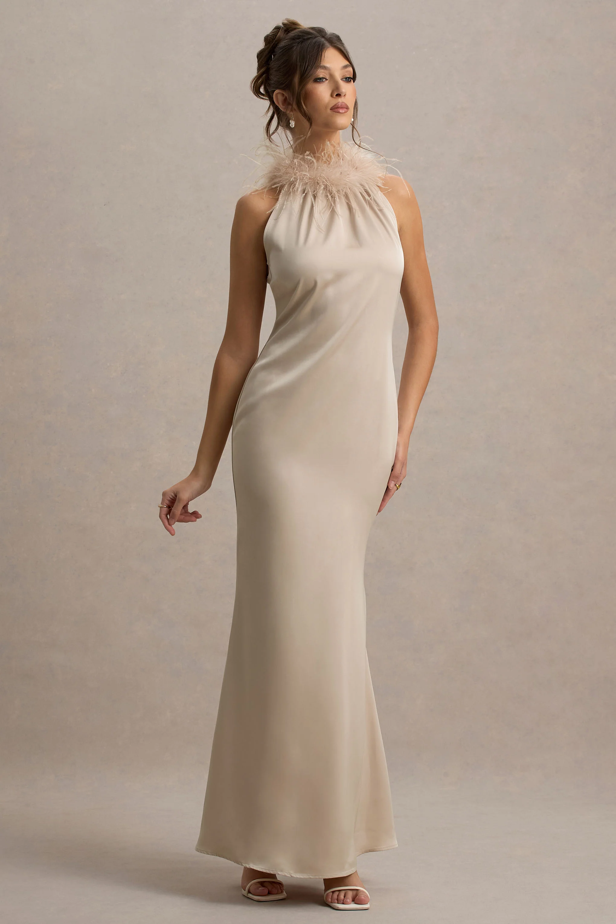 Bianca | Champagne Satin Feather-Trim Maxi Dress