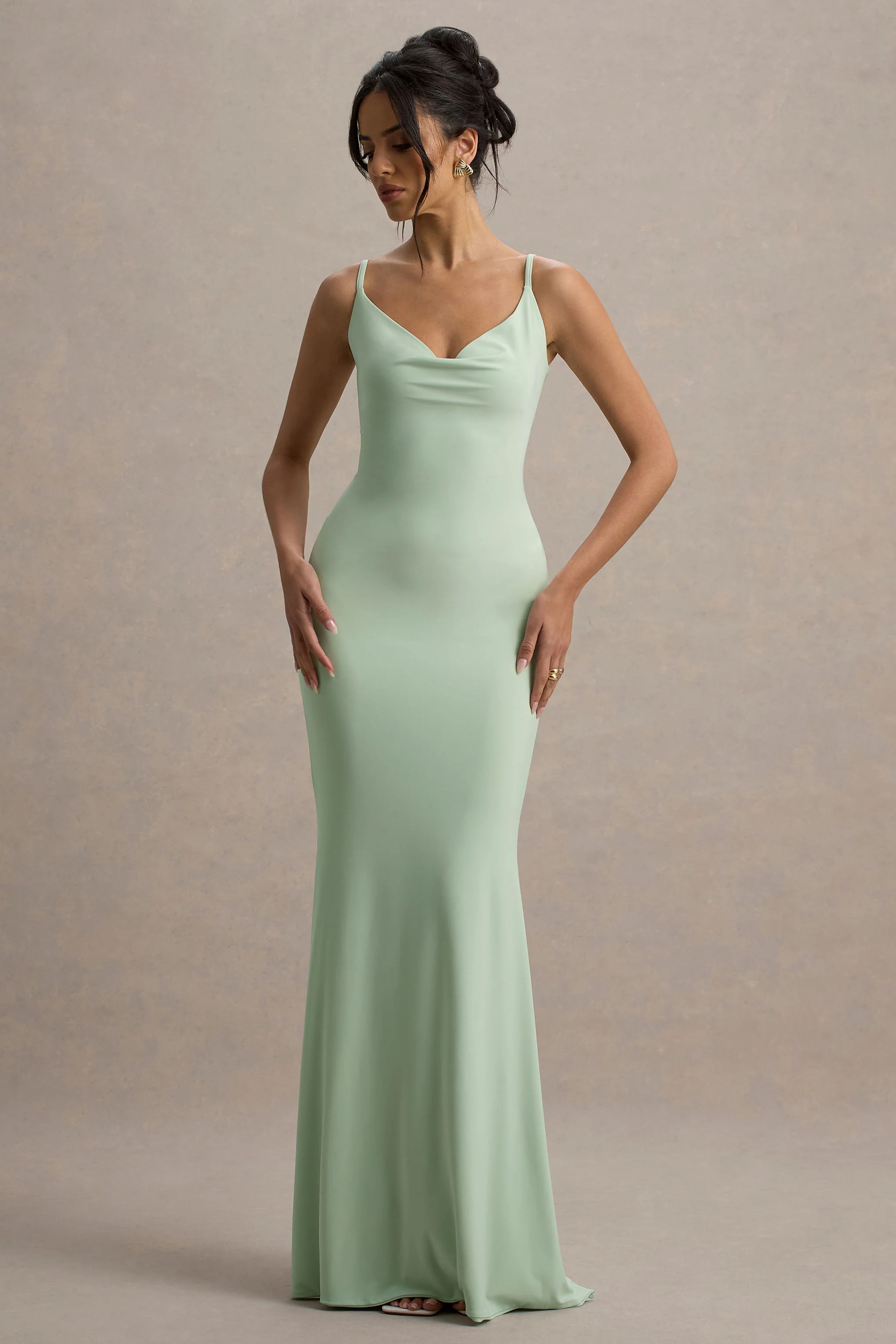 Francoise | Light Green Cowl Neck Backless Maxi Dress With Lace Insert