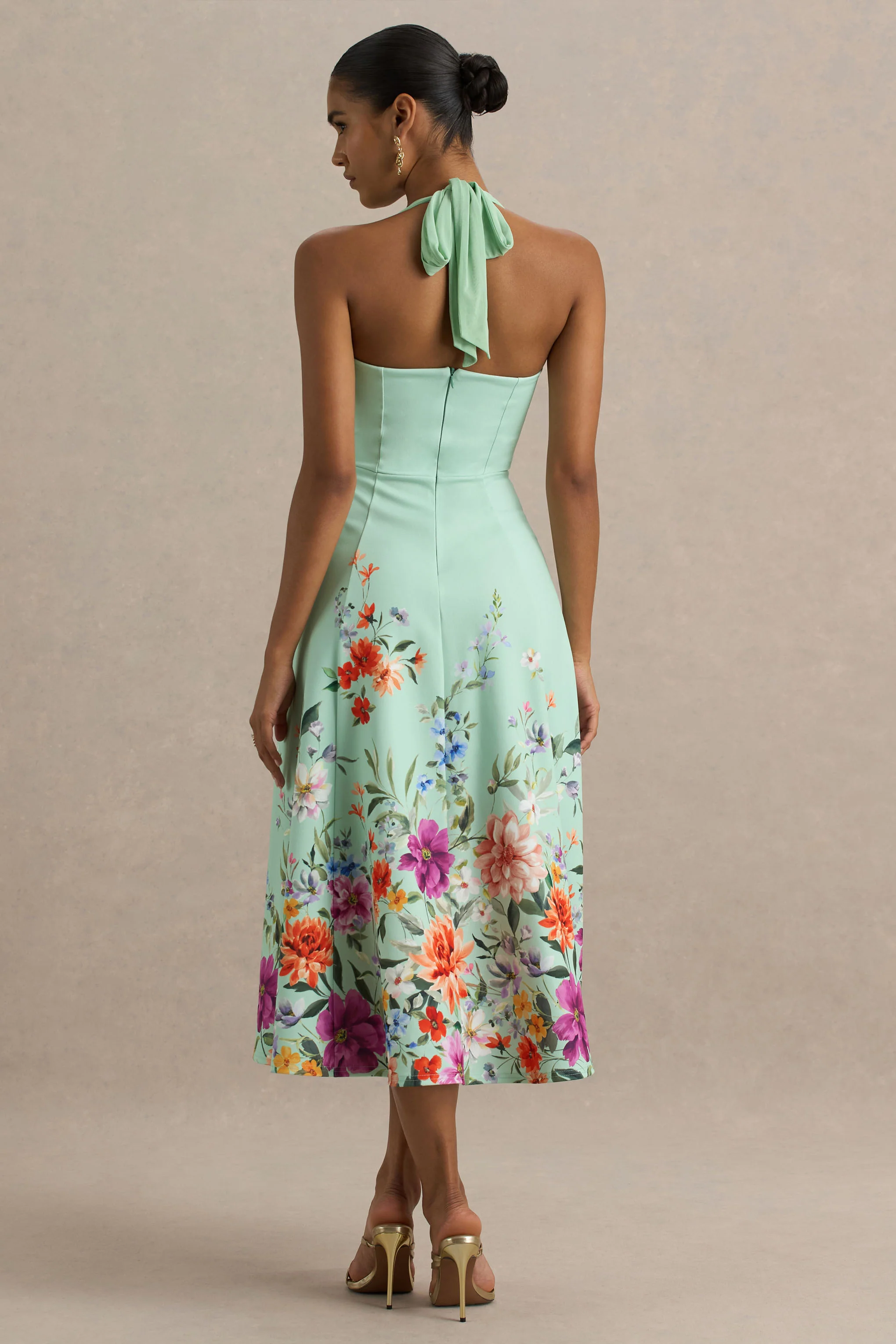 Auburn | Mint Placement Floral Halter-Neck Midi Dress