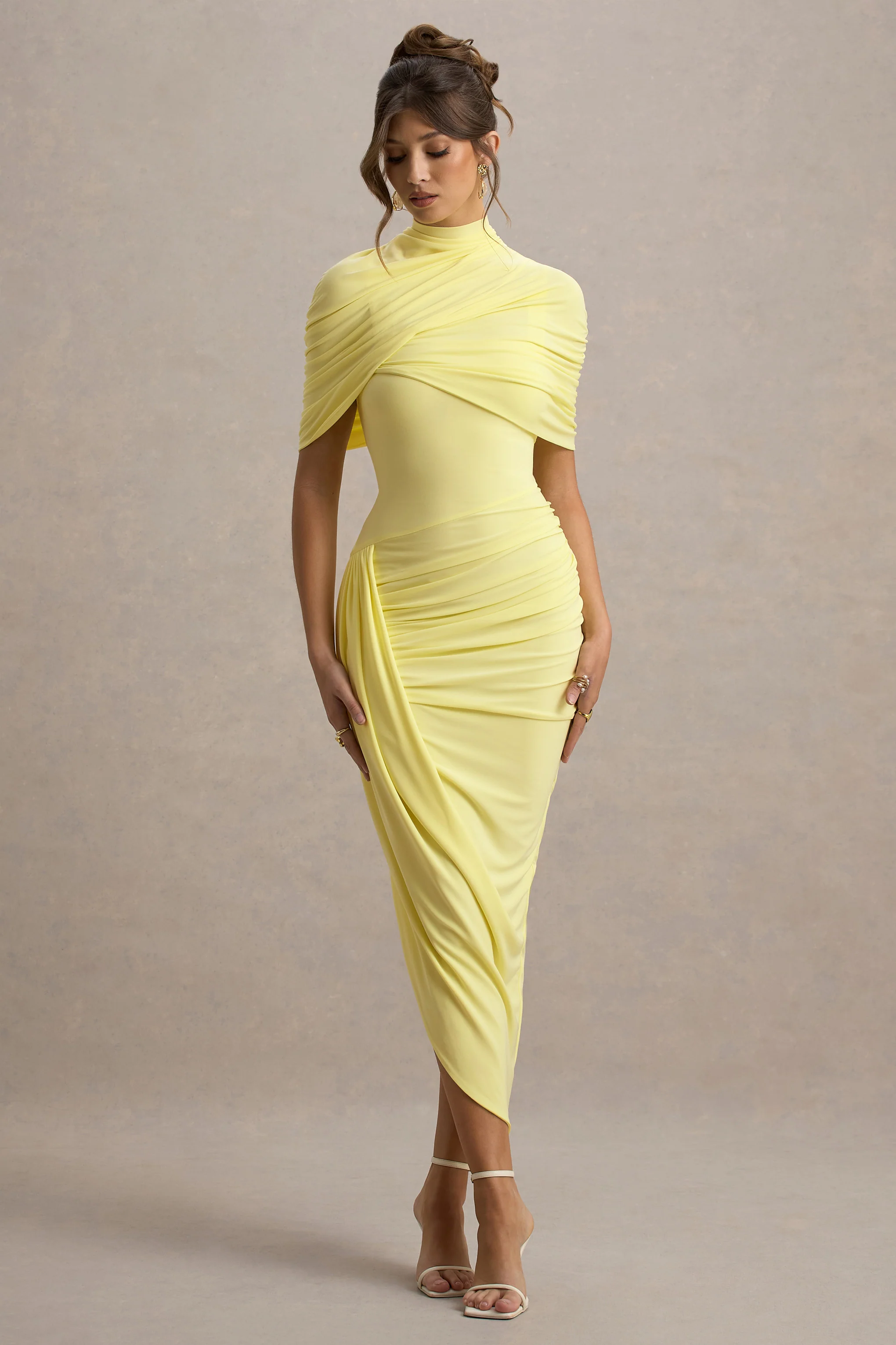 Enchant | Lemon Asymmetric Twisted Cape Maxi Dress