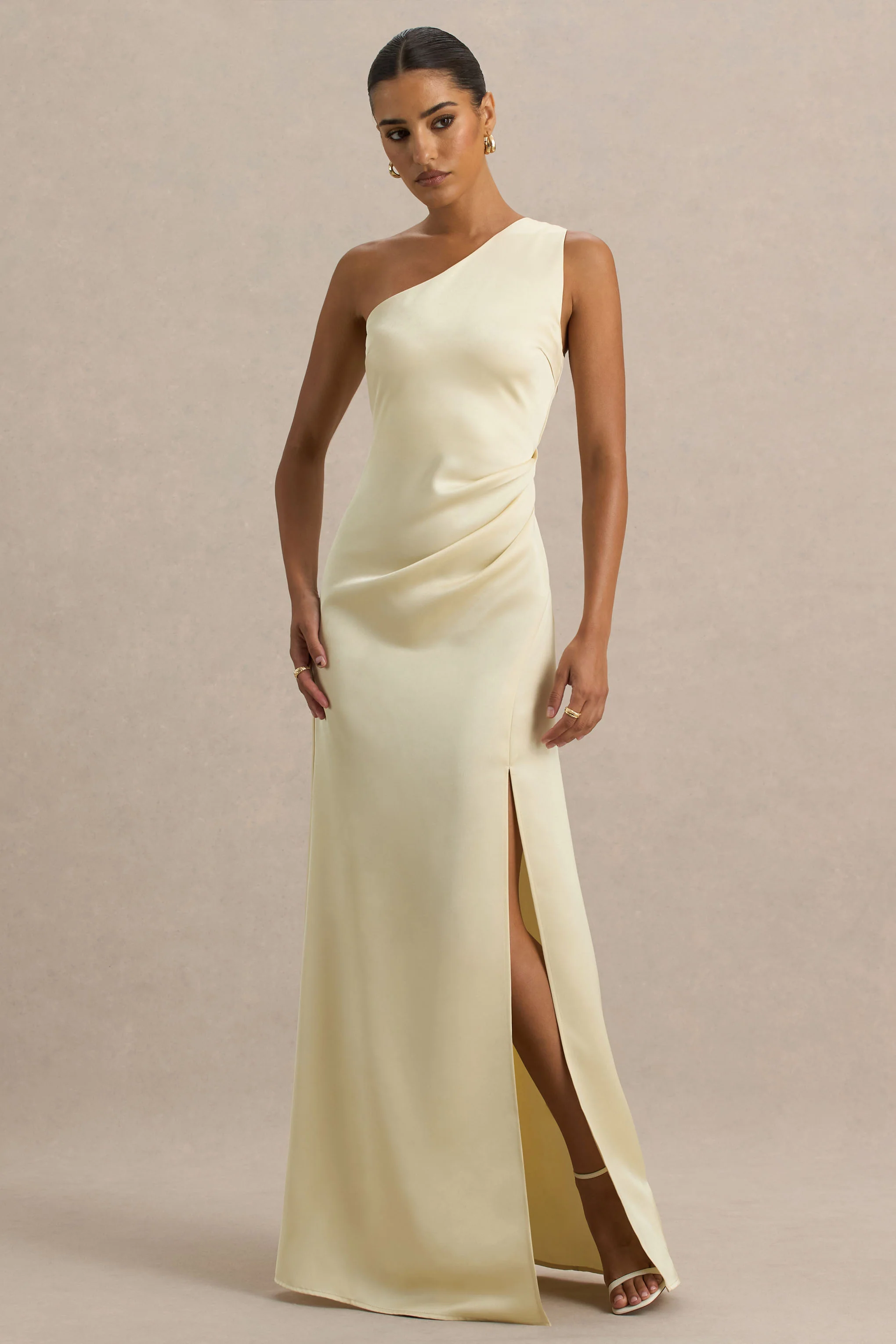 Beth | Lemon Asymmetric Neckline High-Split Maxi Dress