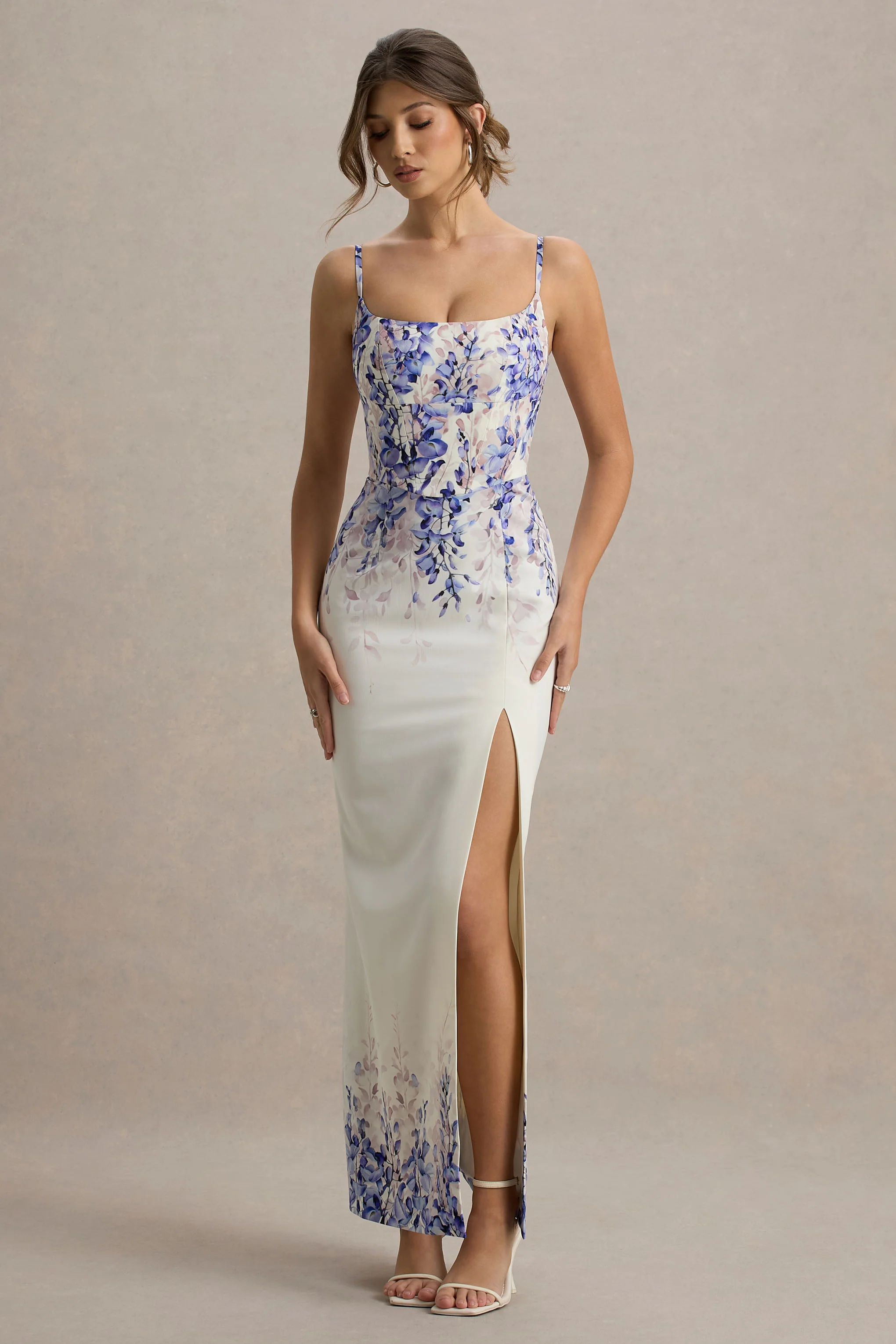 Lupita | Wisteria Print Linen Split Maxi Dress