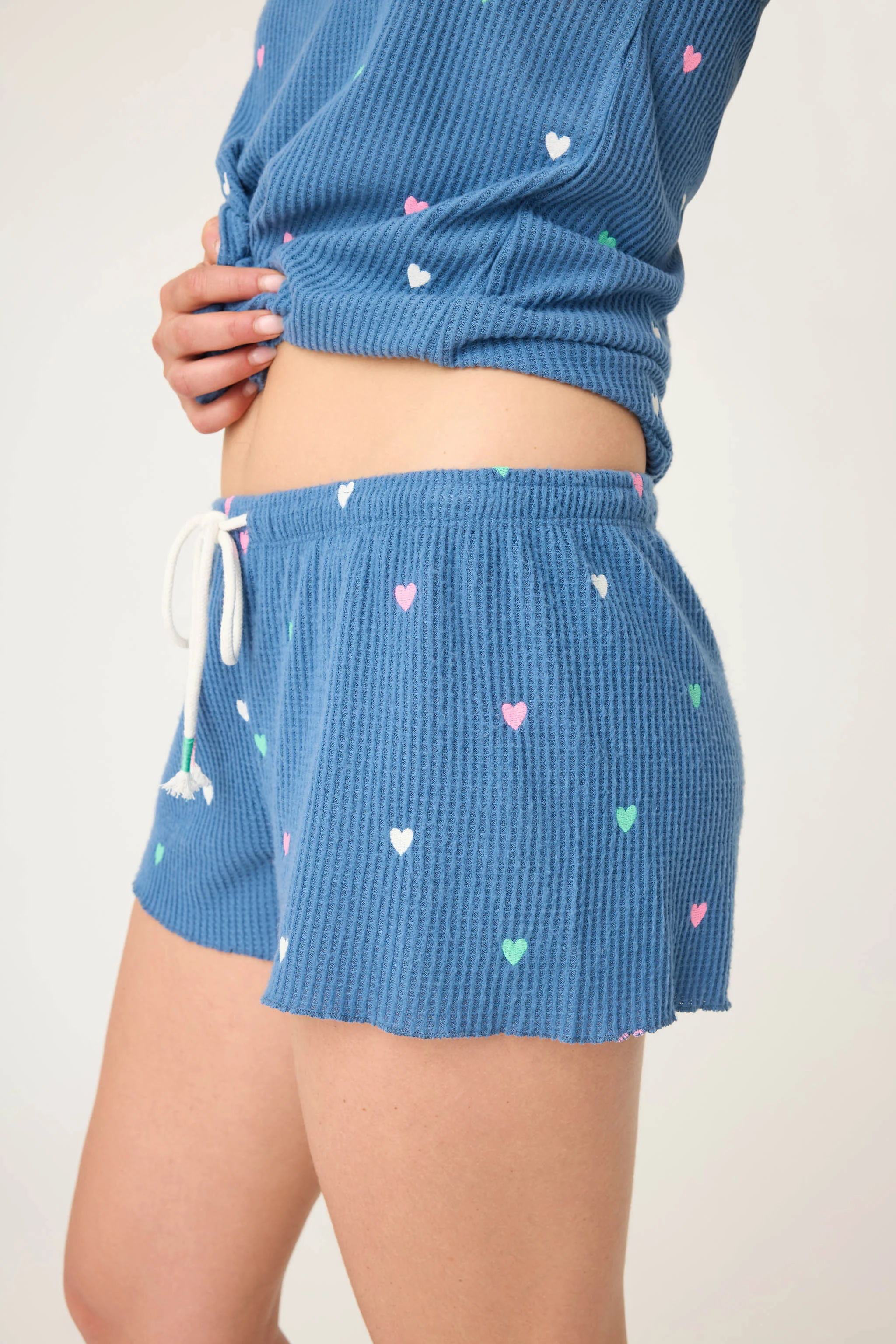 Love Club Waffle Knit Shorts with Embroidered Hearts