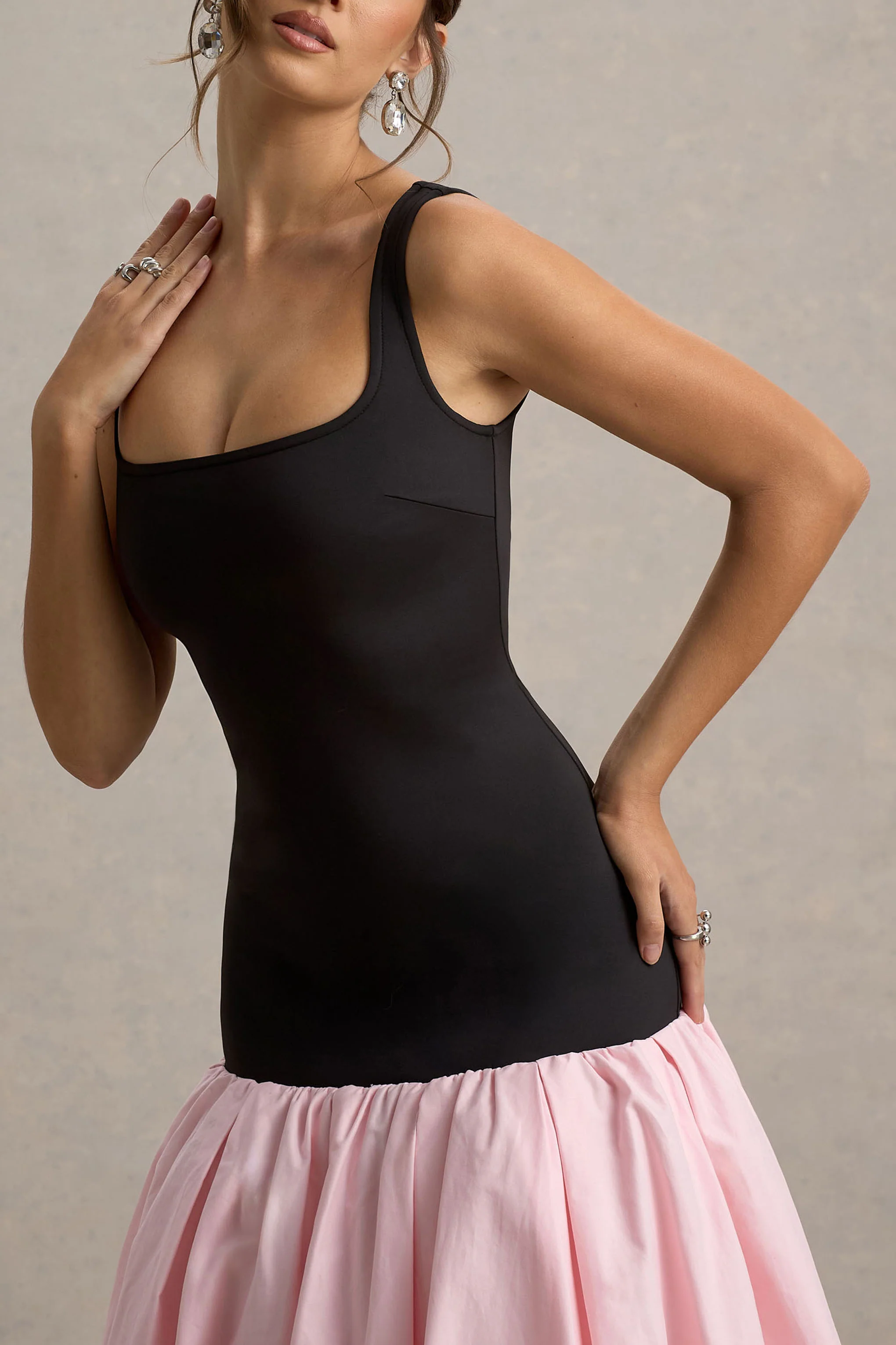 Parida | Black & Pink Poplin Drop-Waist Midi Dress With Peplum Hem