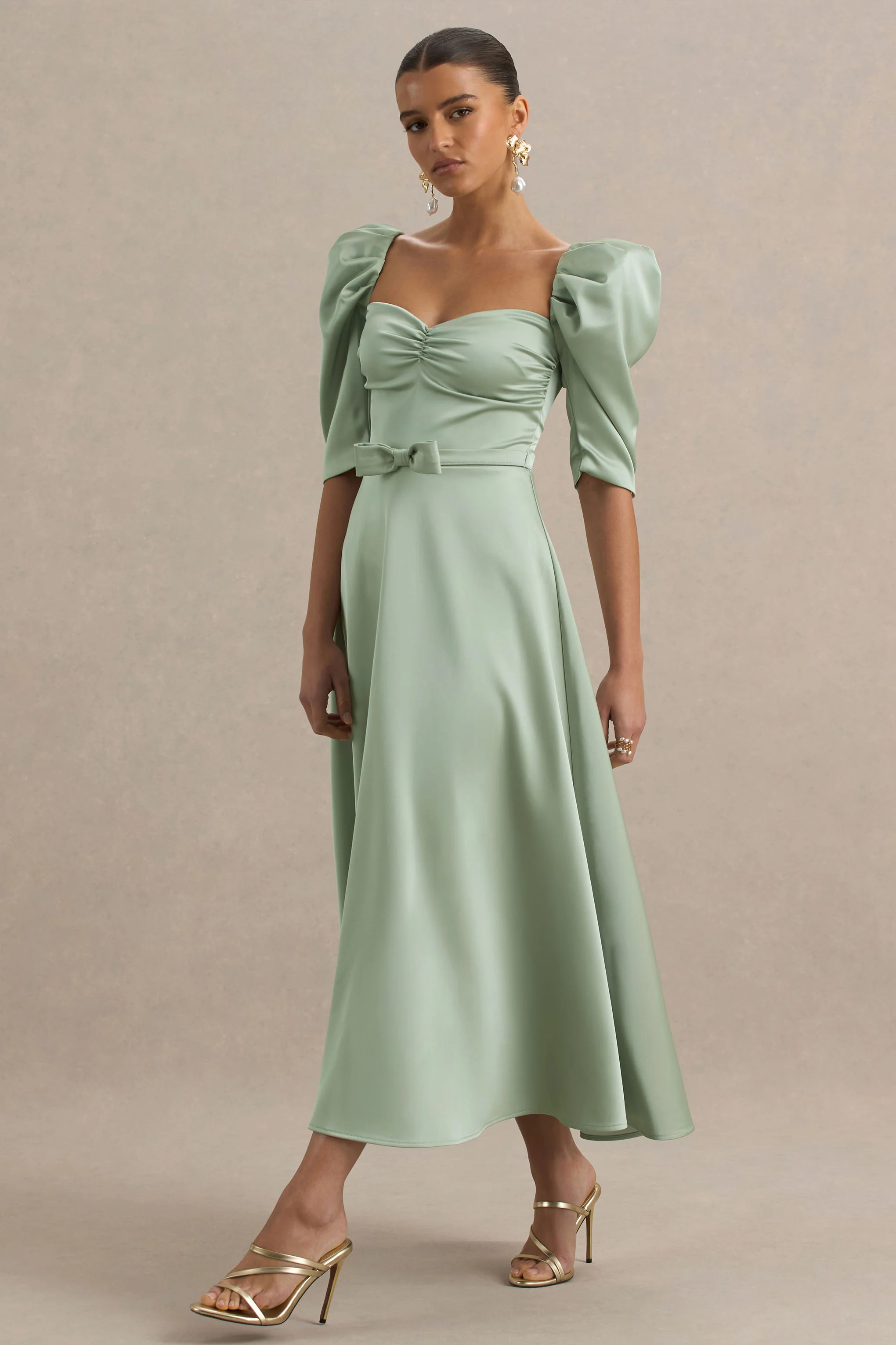 Rosey | Green Satin Sweetheart Midi Dress
