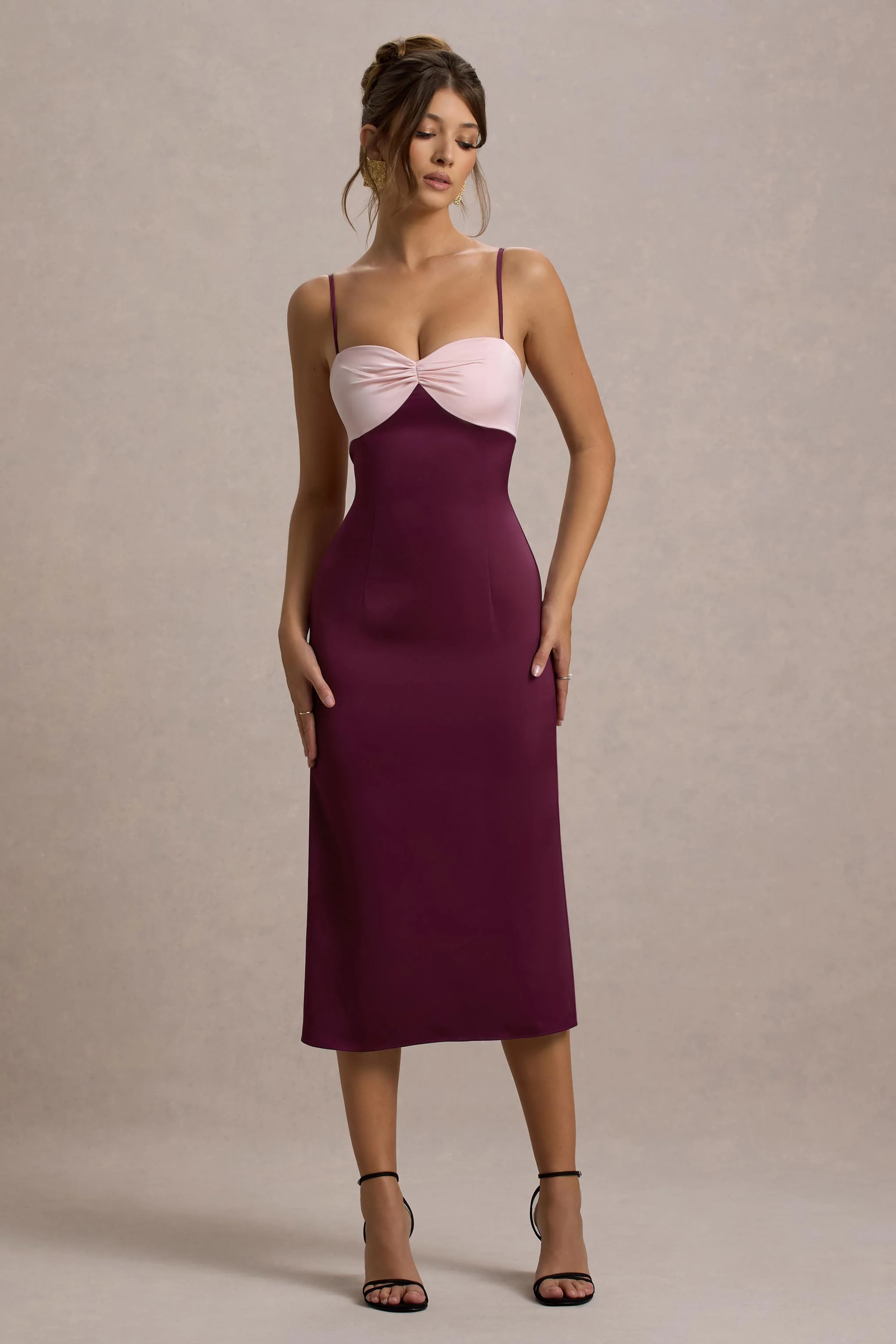 Andretti | Burgundy & Pink Satin Strappy Midi Dress