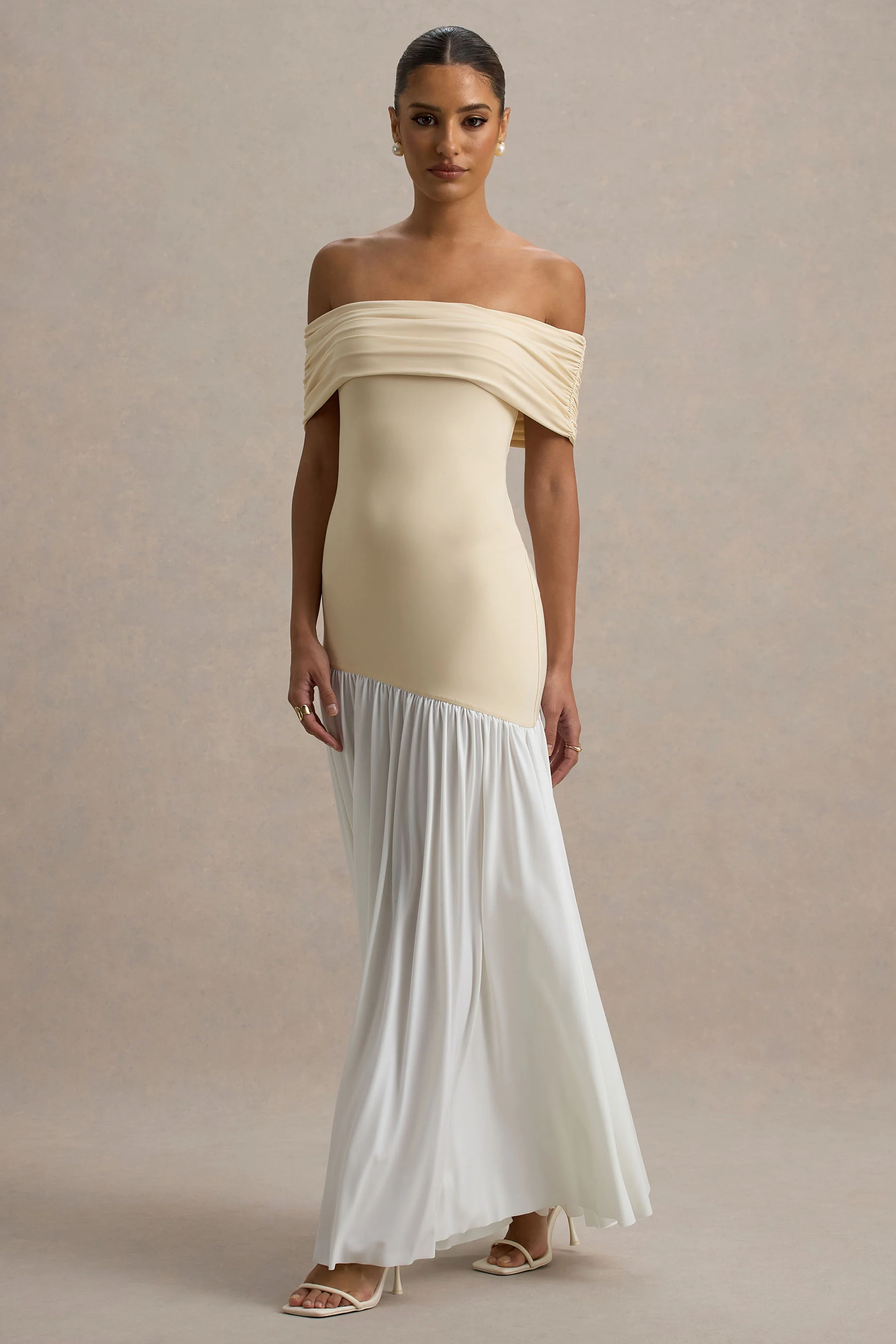 Venezia | Stone & White Bardot Puff-Skirt Maxi Dress
