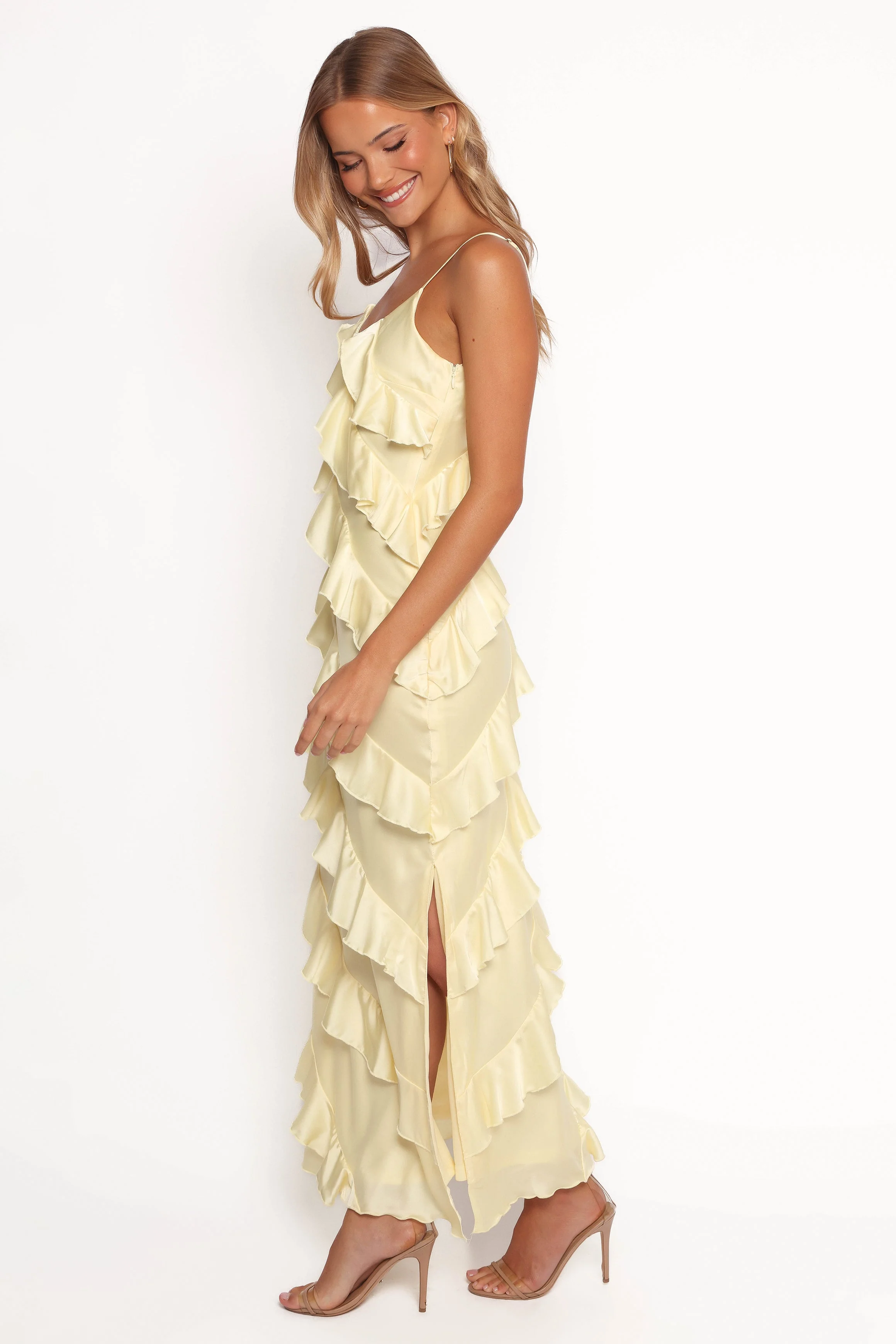Ciao Ruffles Maxi Satin Dress - Pale Yellow