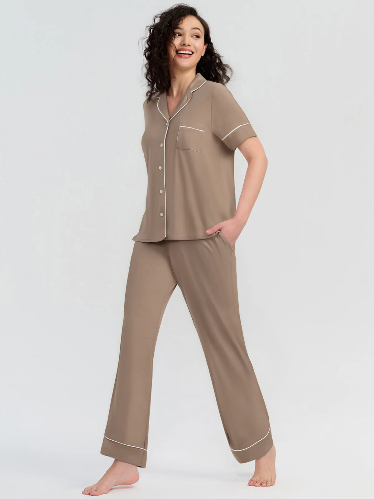 Solid Piped Short Sleeve Pajamas Set