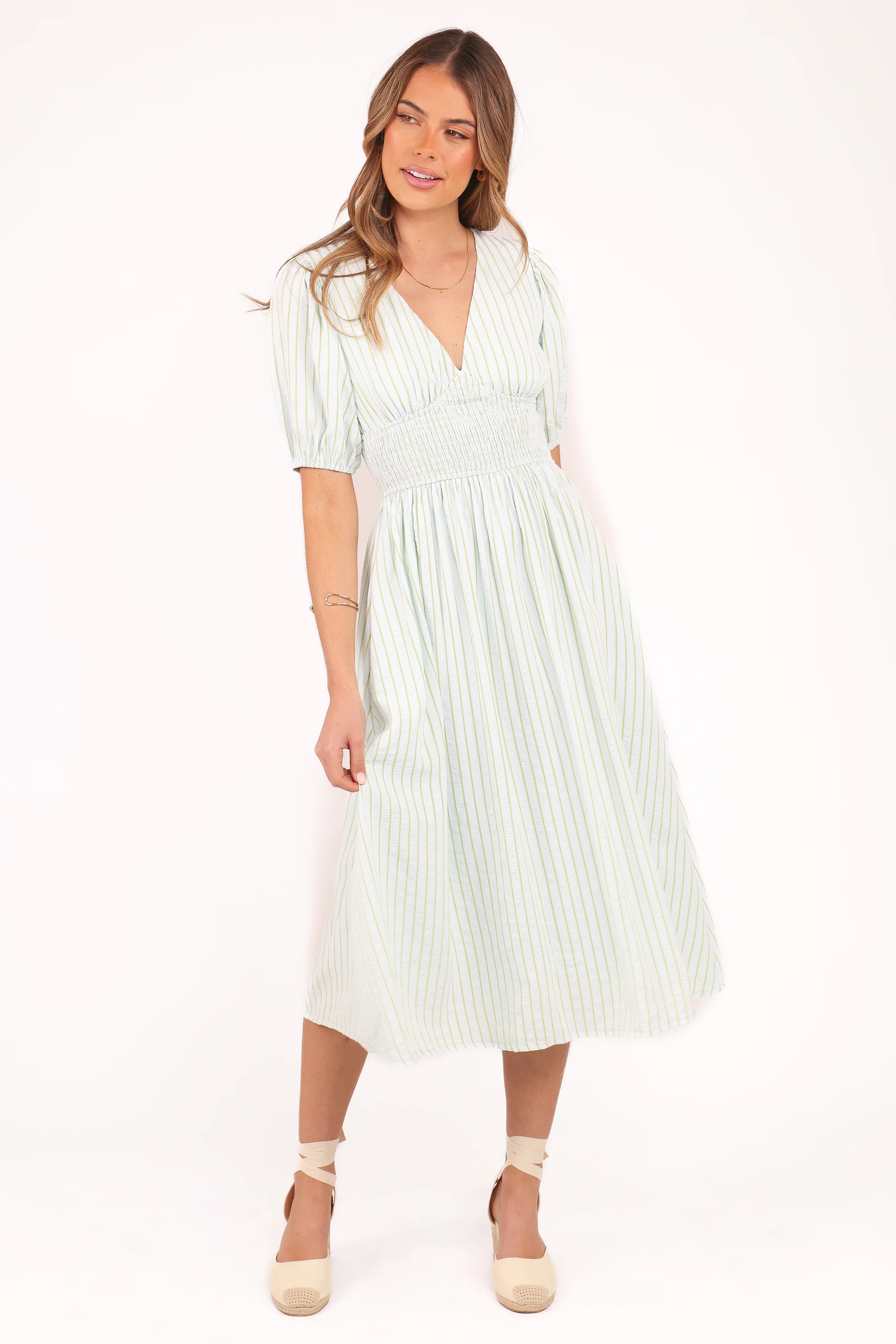 Ronnie Short Sleeve Midi Dress - Green Blue Stripe